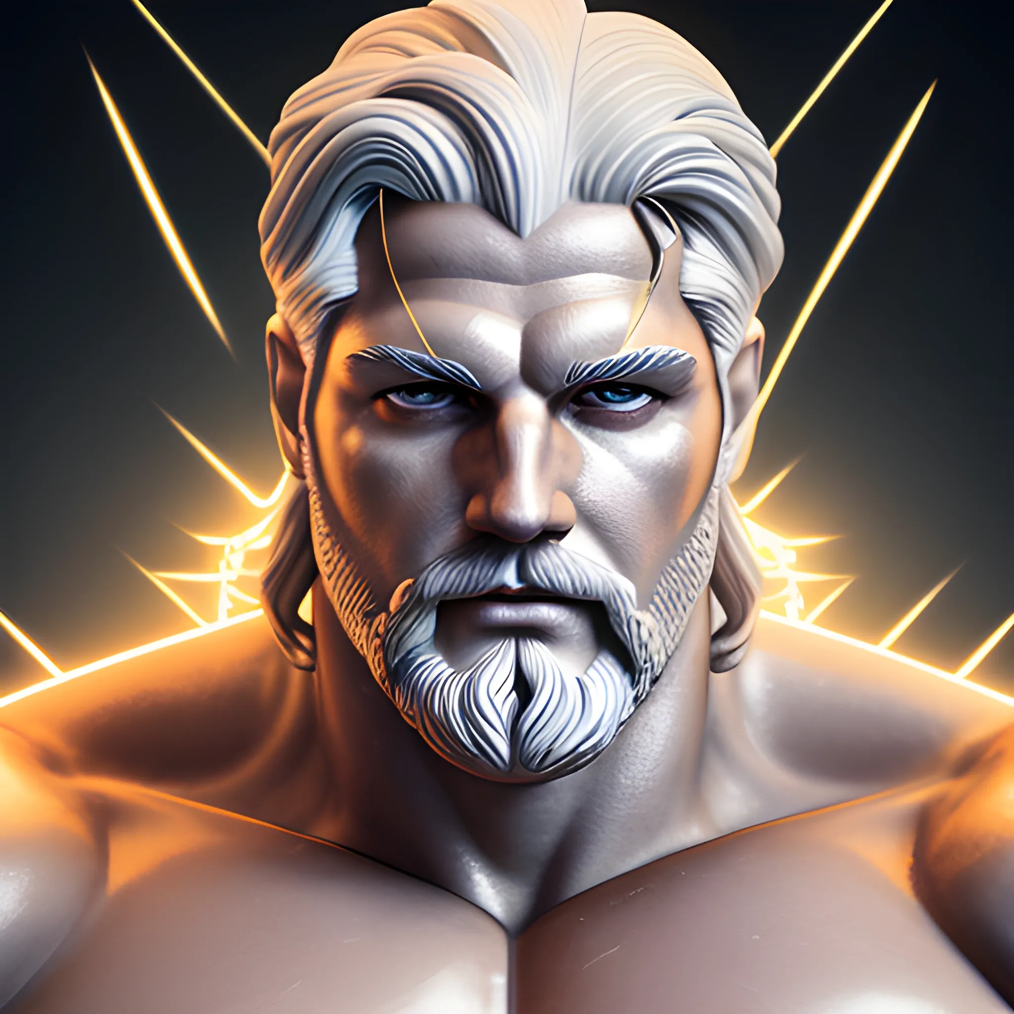 zeus god of thunder, adult man, thunder, strong, stocky, white hair, golden, shiny, bright eyes, energetic gaze, cerebral face, white complexion, muscles, cinematic lighting, 4k, 3d, hyperrealism