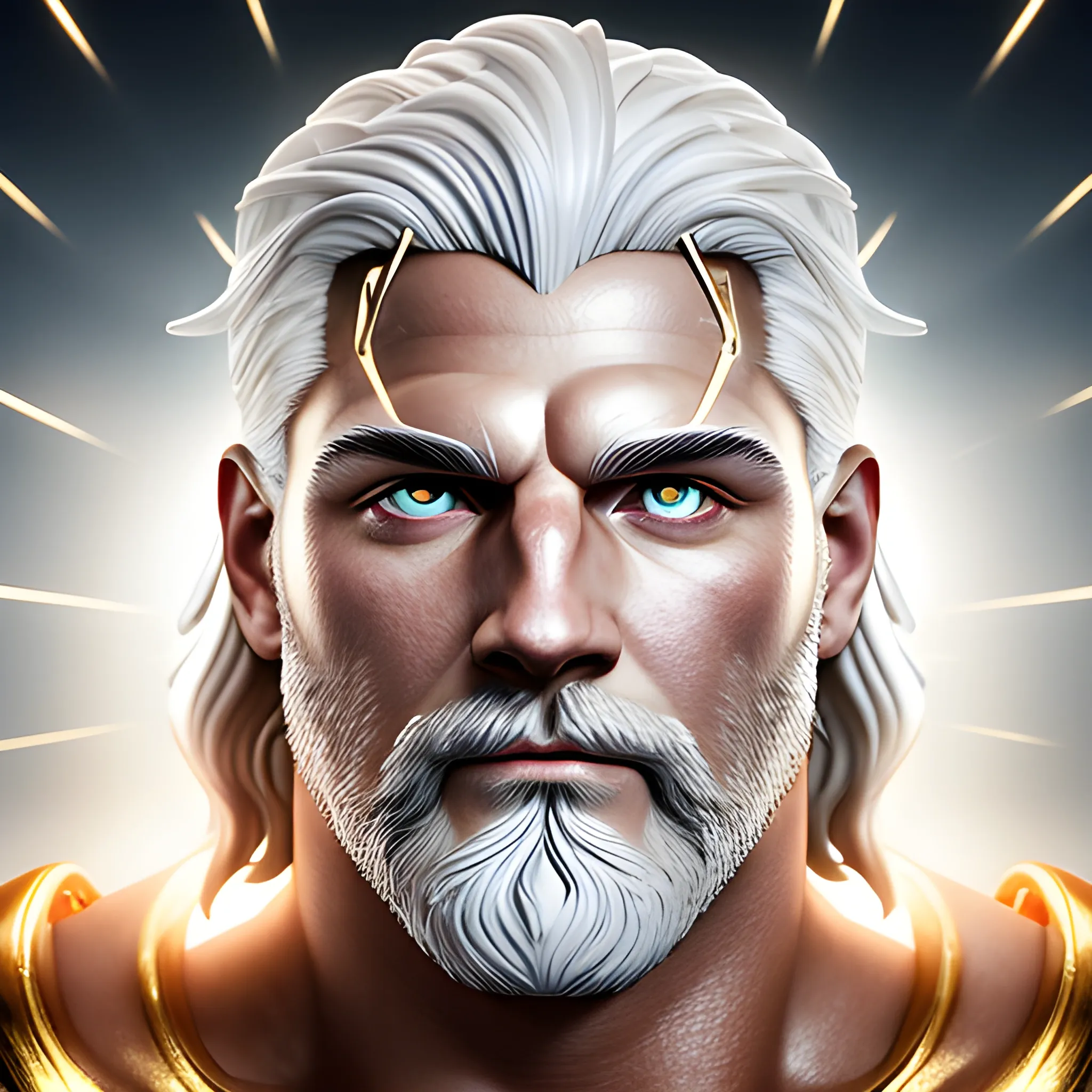 zeus god of thunder, adult man, thunder, strong, stocky, white hair, golden, shiny, bright eyes, energetic gaze, cerebral face, white complexion, muscles, cinematic lighting, 4k, 3d, hyperrealism