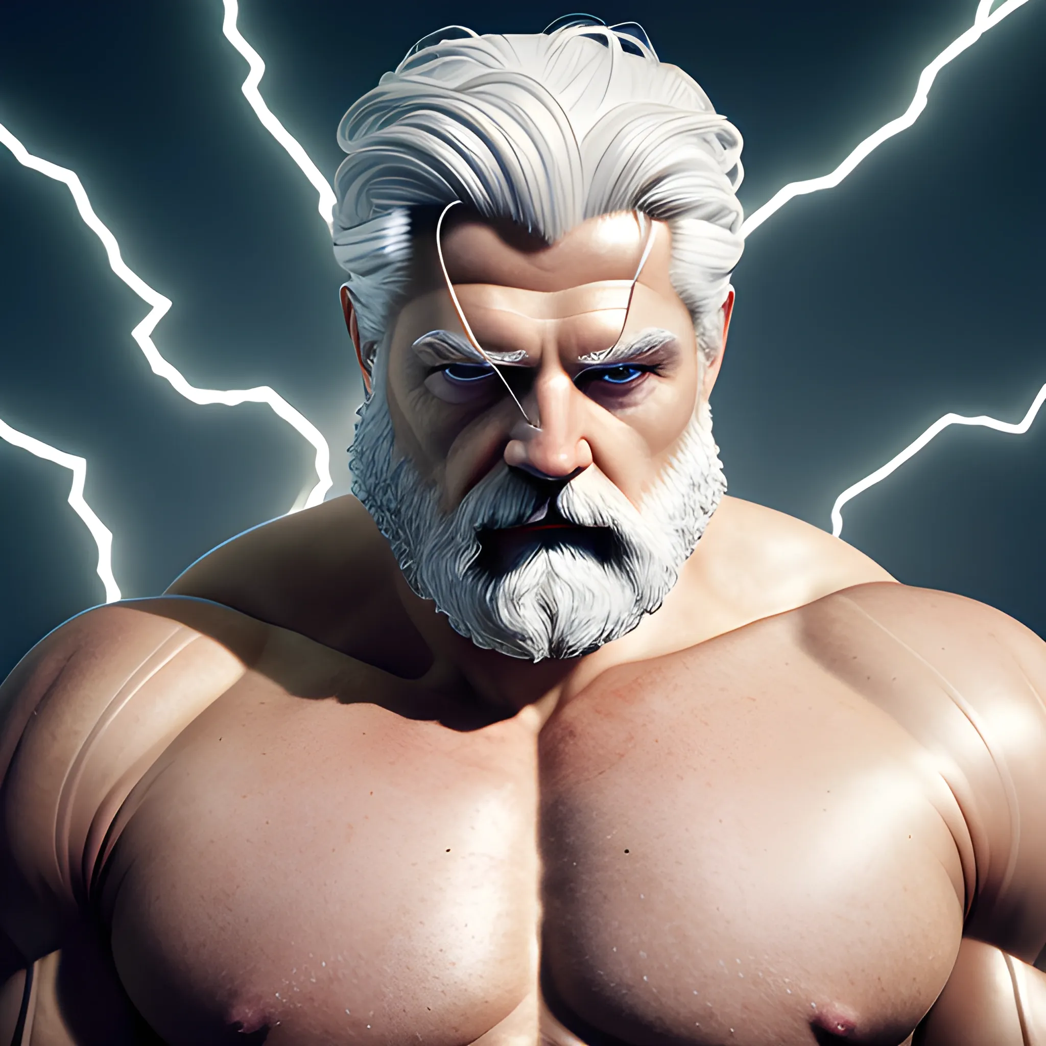 zeus god of thunder, man in old age, thunder, strong, stocky, white hair, golden, bright, bright eyes, energetic gaze, cerebral face, white complexion, muscles, cinematographic lighting, full body, thunder in the hands, strength, 4k, 3d, hyperrealism