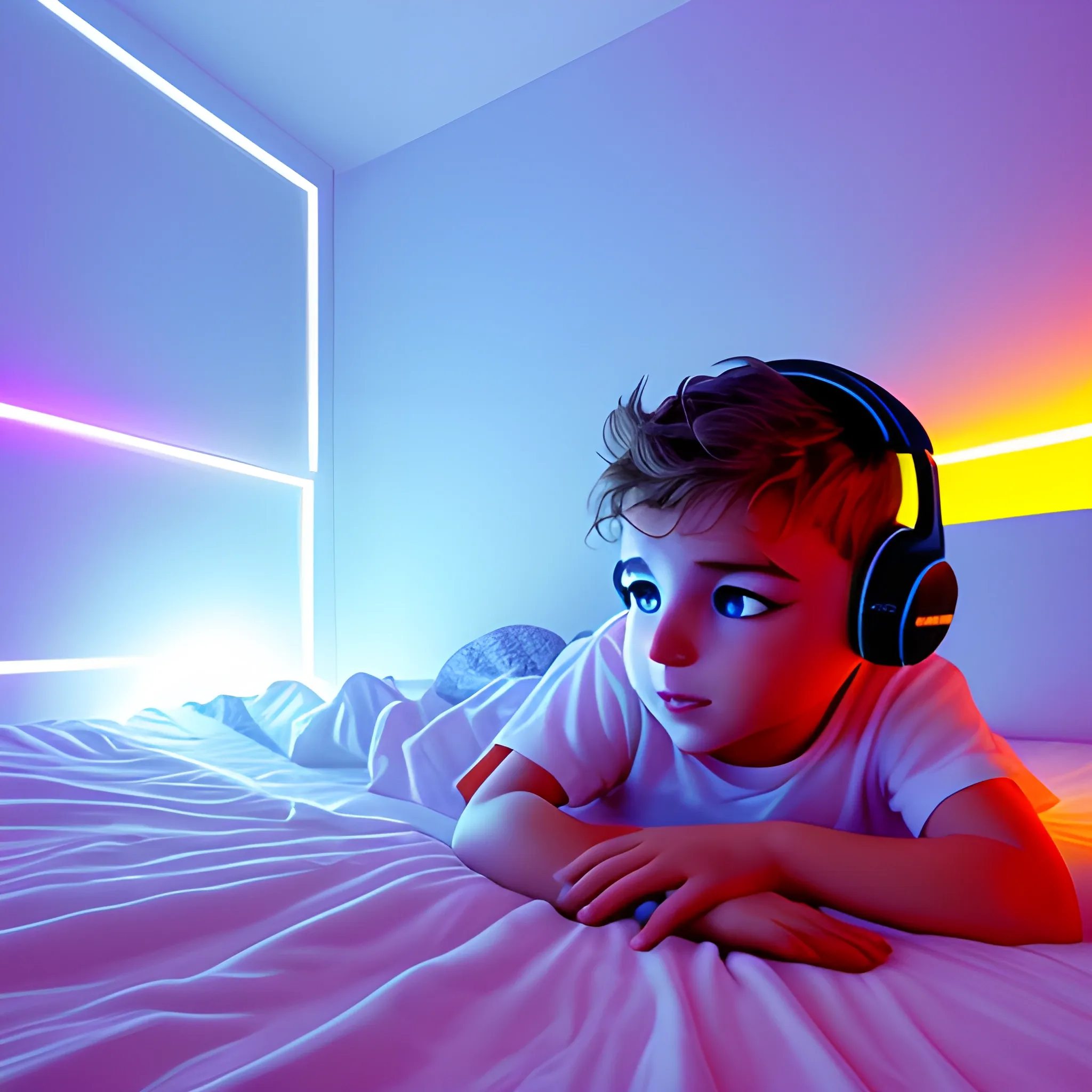 Jóven escuchando música acostado en su cama, Con luces tenues iluminando el cuarto, Mirado la camara, vista desde el techo, Cartoon, ojos hermosos.