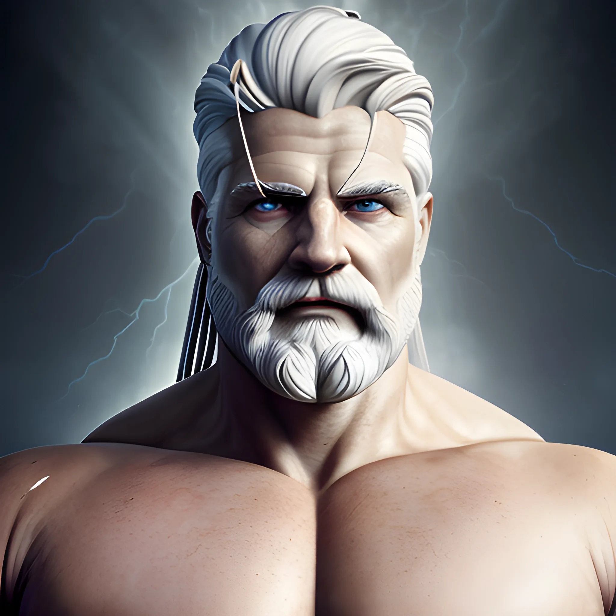 zeus god of thunder, man in old age, thunder, strong, stocky, white hair, golden, bright, bright eyes, energetic gaze, cerebral face, white complexion, muscles, cinematographic lighting, full body, thunder in the hands, strength, 4k, 3d, hyperrealism