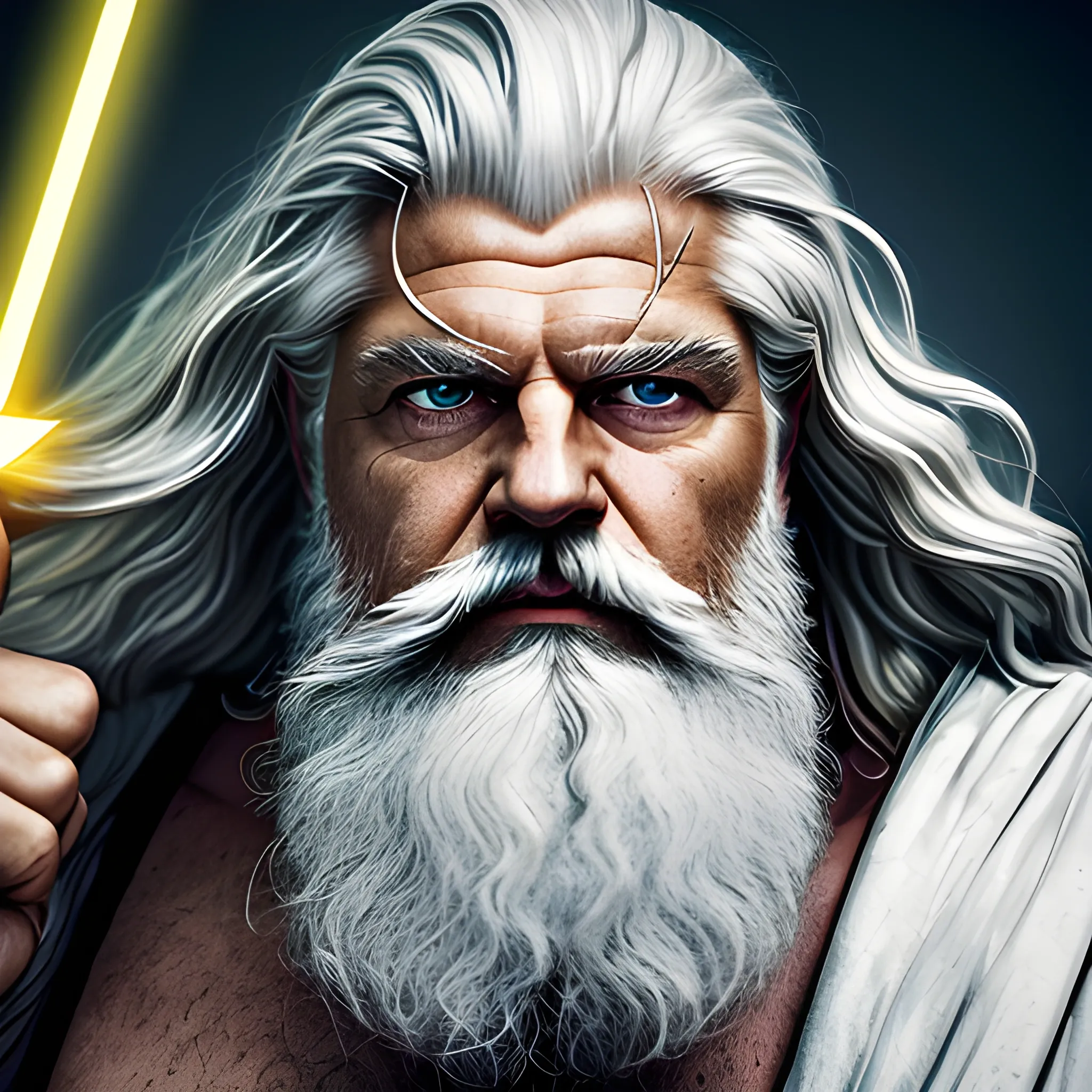 zeus god of thunder, man in old age, thunder, strong, stocky, white hair, golden, shiny, bright eyes, energetic gaze, zealous face, white complexion, muscles, cinematographic lighting, (american shot), white beard, long hair , greek factions, thunder in the hands, force, 4k, 3d, hyperrealism