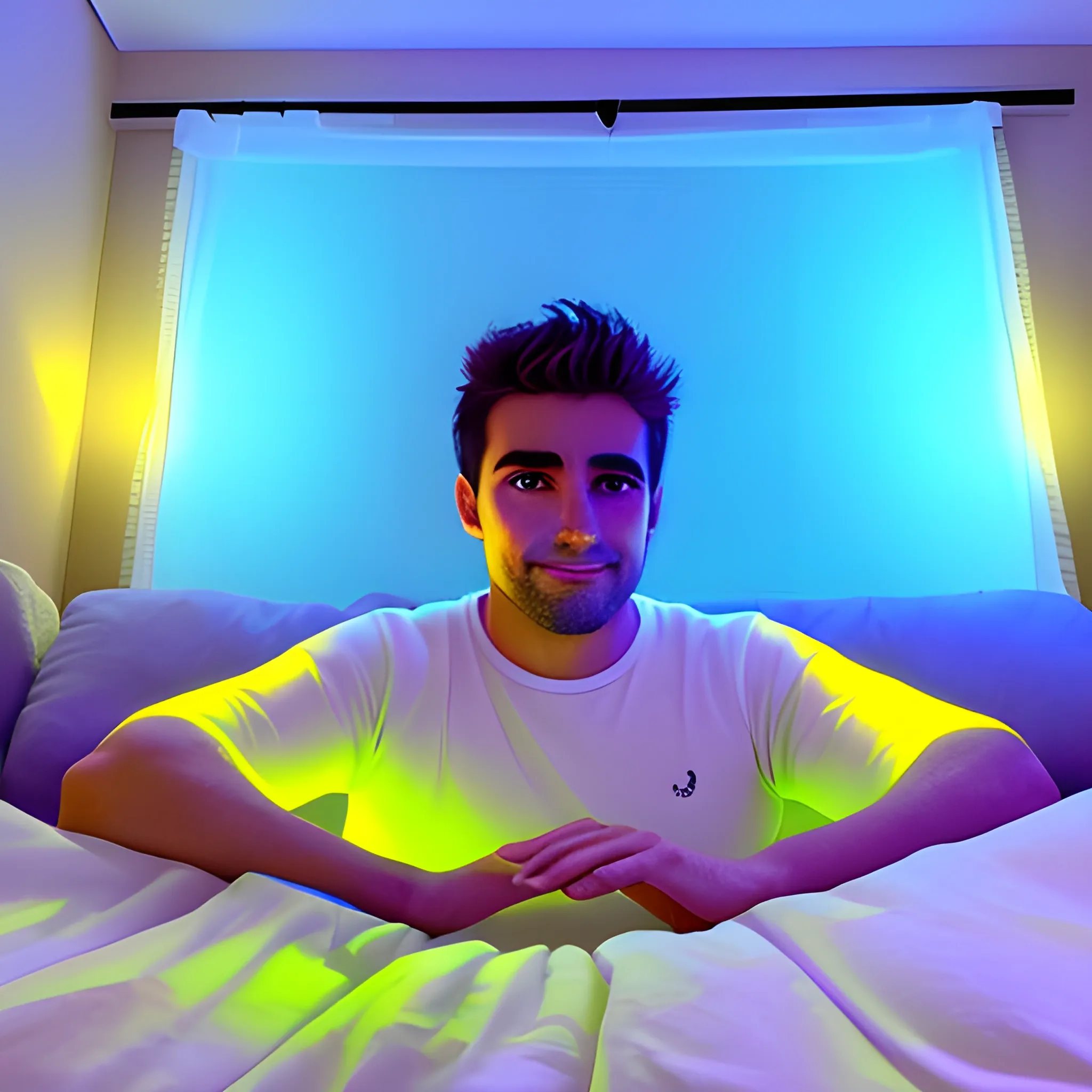 Jóven acostado en su cama voca arriba, Con luces tenues iluminando el cuarto, vista desde el techo, Cartoon, ojos hermosos, chill.