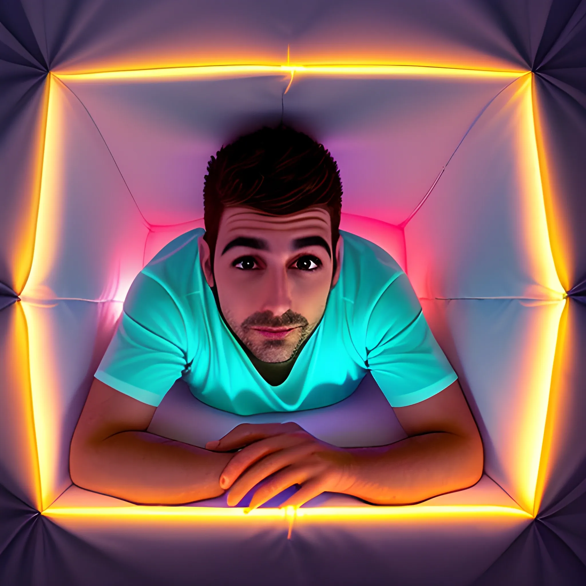 Jóven acostado en su cama voca arriba, Con luces tenues iluminando el cuarto, perspectiva aérea, Cartoon, ojos hermosos, chill.