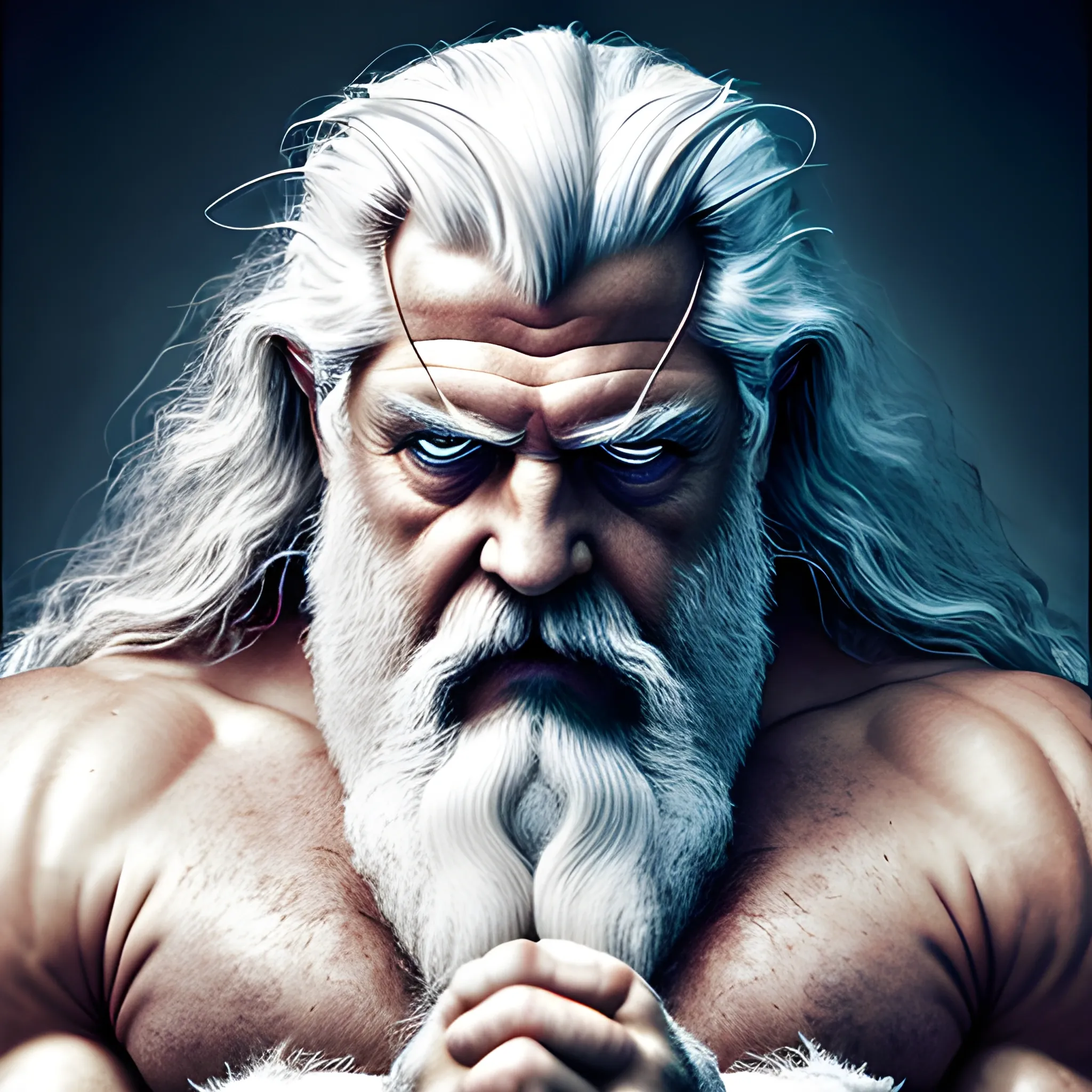 zeus god of thunder, man in old age, thunder, strong, stocky, white hair, golden, bright, bright eyes, energetic look, stern face, white complexion, muscles, cinematographic lighting, (photo: american shot), white beard, long hair, greek features, thunder in hands, strength, 4k, 3d, hyperrealism