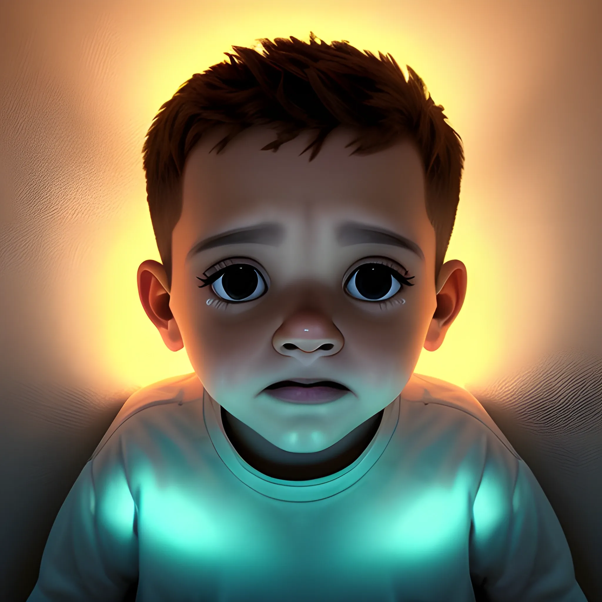 Jóven acostado viendo al techo, Con luces tenues iluminando el cuarto, perspectiva aérea, Cartoon, hermosos ojos, chill.