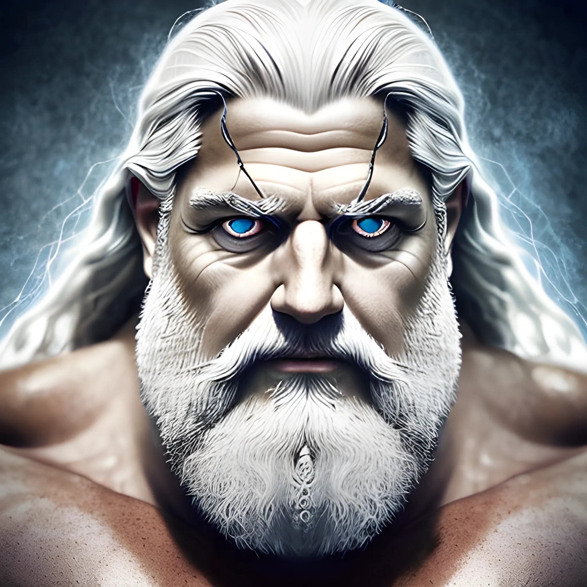 zeus god of thunder, man in old age, thunder, strong, stocky, white hair, golden, shining, shining eyes, withering gaze, clear eyes, shining, illuminated eyes, severity, fury, impetus, greek clothing, full body, face gaunt, fair complexion, muscles, cinematographic lighting, (photo: wide shot), white beard, long hair, Greek features, thunder in the hands, strength, 4k, 3d, hyperrealism