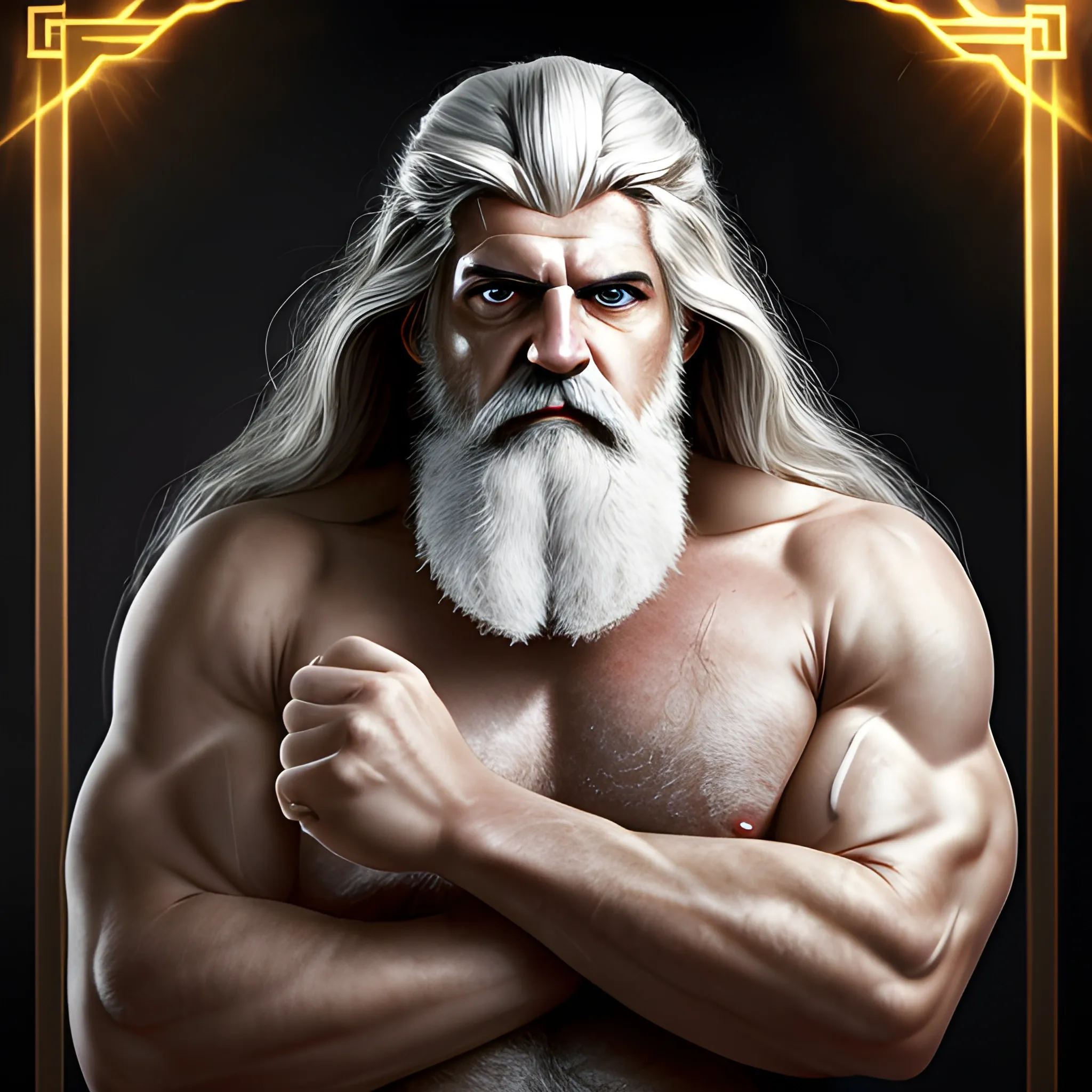 zeus god of thunder, man in old age, thunder, strong, stocky, white hair, golden, shining, shining eyes, withering gaze, clear eyes, shining, illuminated eyes, severity, fury, impetus, greek clothing, full body, face gaunt, fair complexion, muscles, cinematographic lighting, (photo: wide shot), white beard, long hair, Greek features, thunder in the hands, strength, 4k, 3d, hyperrealism