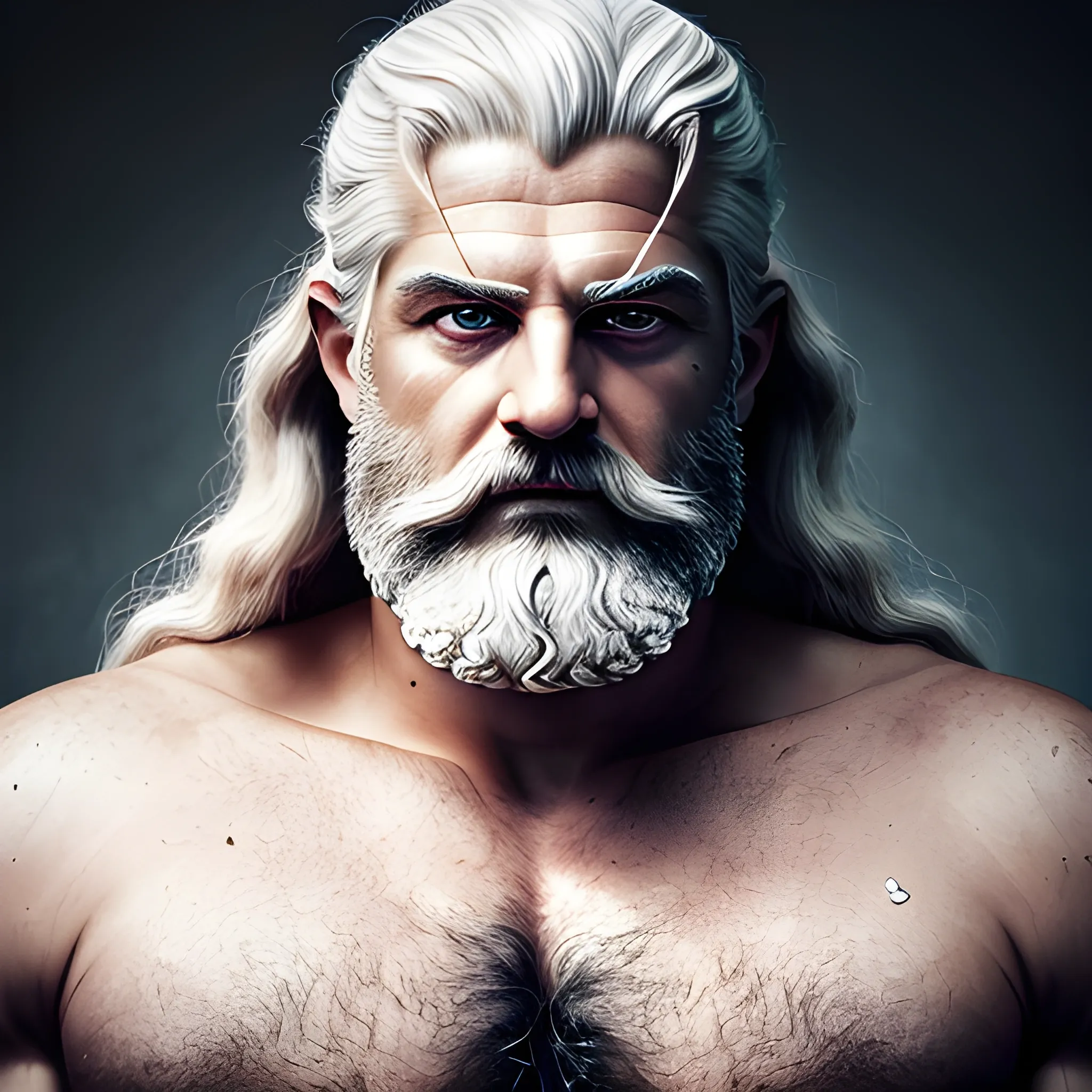 zeus god of thunder, man in old age, thunder, strong, stocky, white hair, golden, shining, shining eyes, withering gaze, clear eyes, shining, illuminated eyes, severity, fury, impetus, greek clothing, full body, face gaunt, white complexion, muscles, full body cinematic lights, (photo: general shot), white beard, long hair, Greek features, thunder in the hands, strength, 4k, hyperrealism (Ultrarealistic: 1.2)
