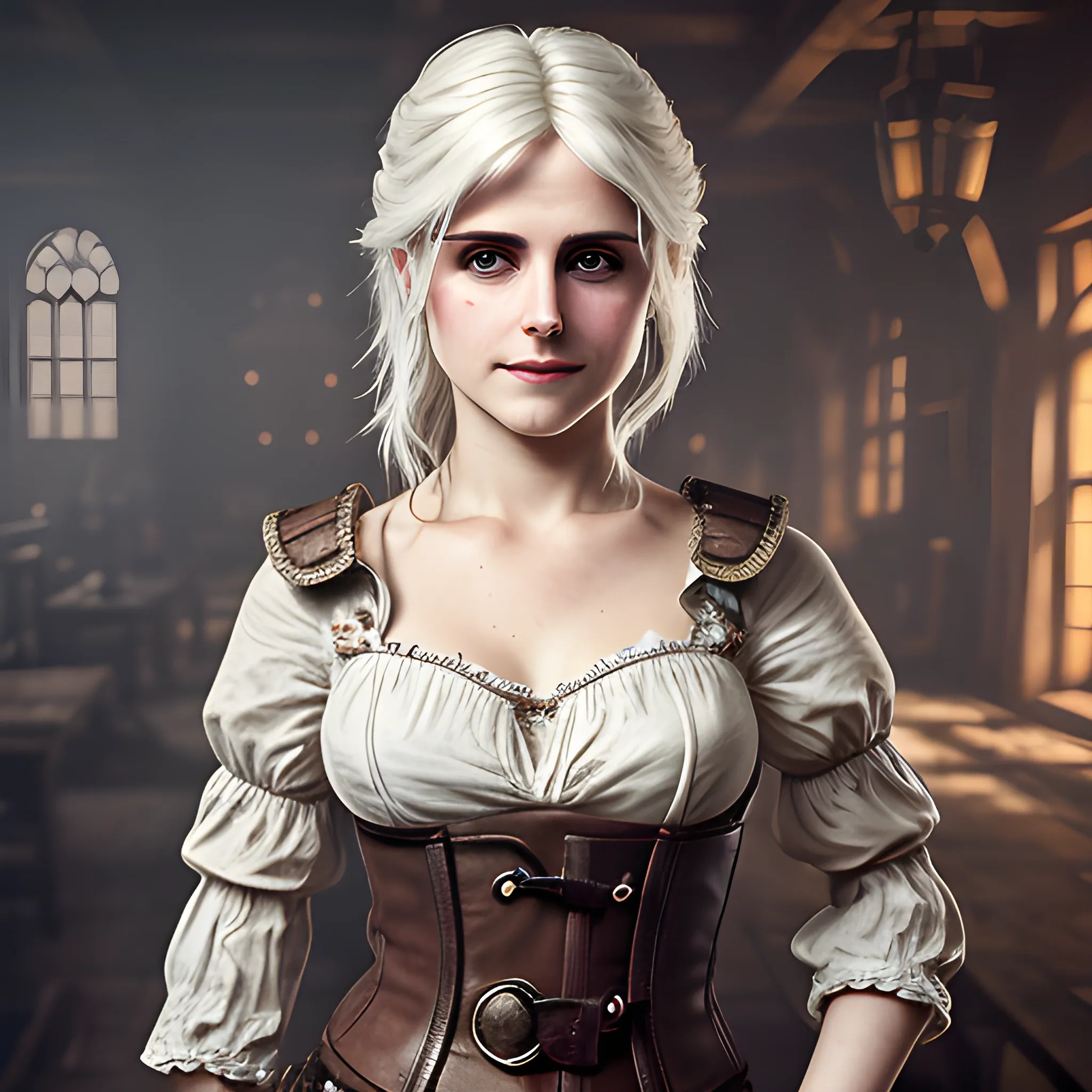 (masterpiece:1.2, best quality), (real picture, intricate details), Ciri from the witcher, solo, upper body, casual, long hair, minimal makeup, natural fabrics, close-up face, smile, home