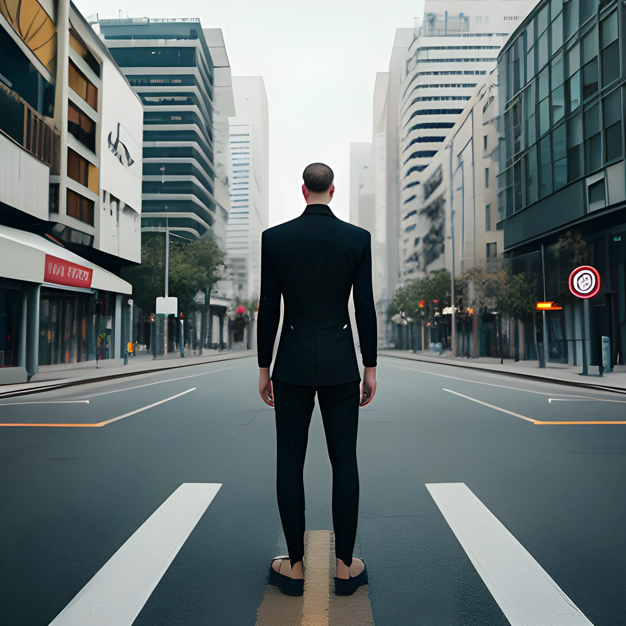 a child in the middle of a futuristic street, looking at his hands

