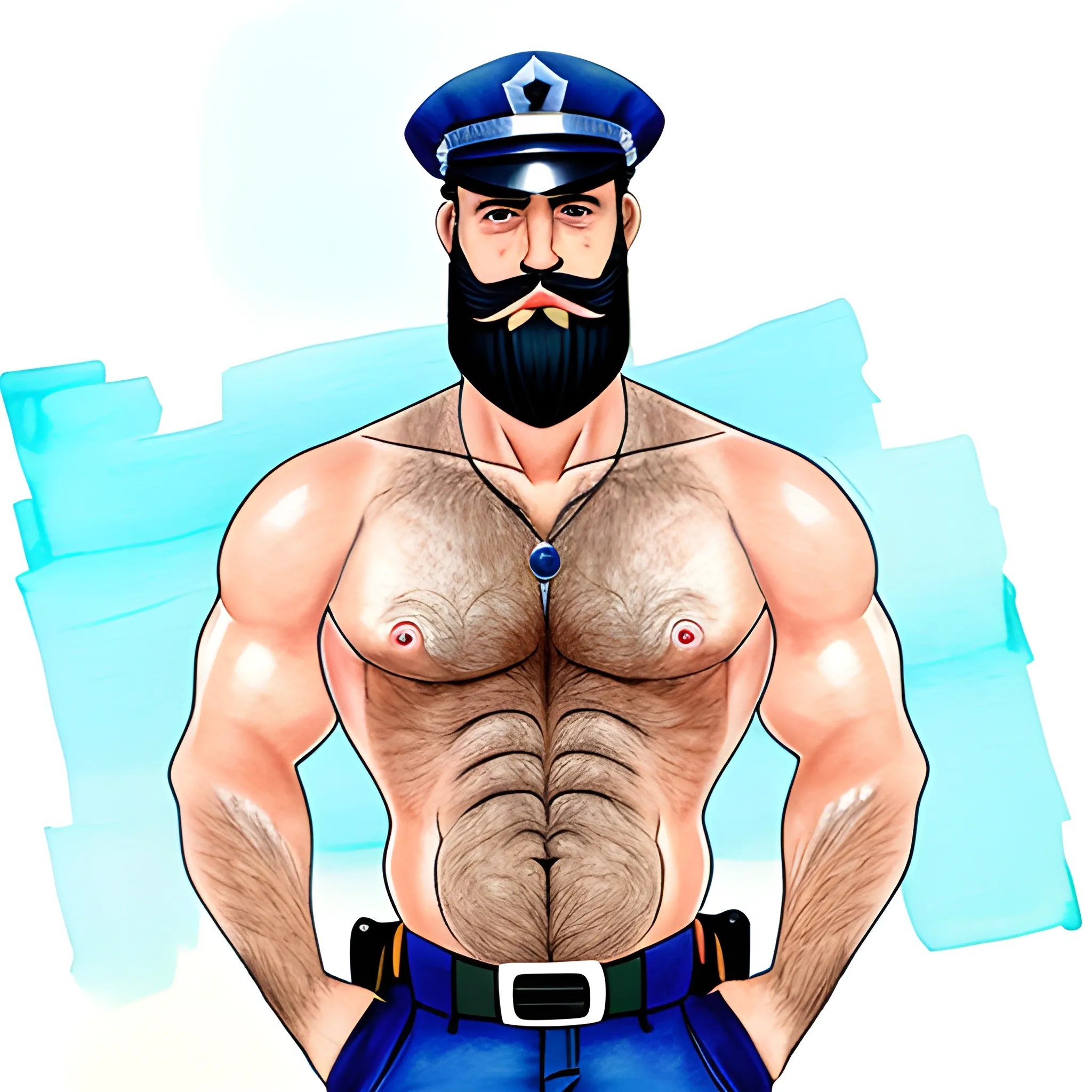 , Cartoon sexy policeman full body  hairy chest,, Water Color, slim, long beard