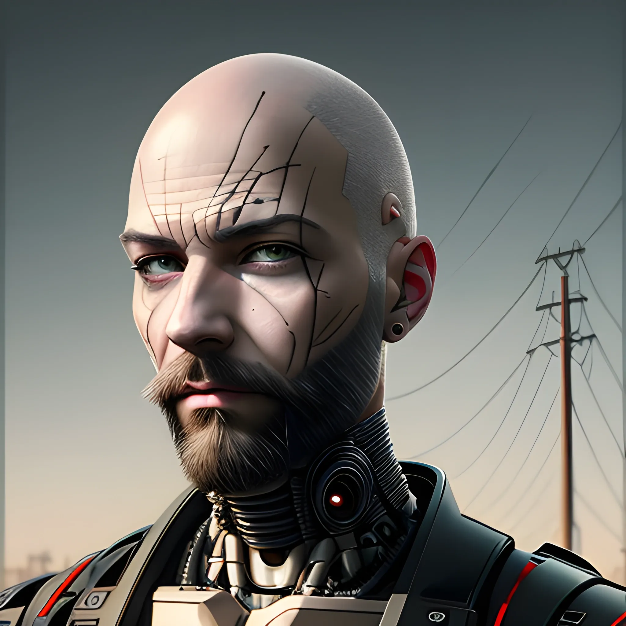 bald shaved hair, with full beard, cyberpunk, robot, Best quality, masterpiece, ultra high res,(photo realistic:1.4), surrealism, dream-like,credenza,Mr_MC_S-ART_V1, <lora:Mr_MC_S-ART_V1:0.9>