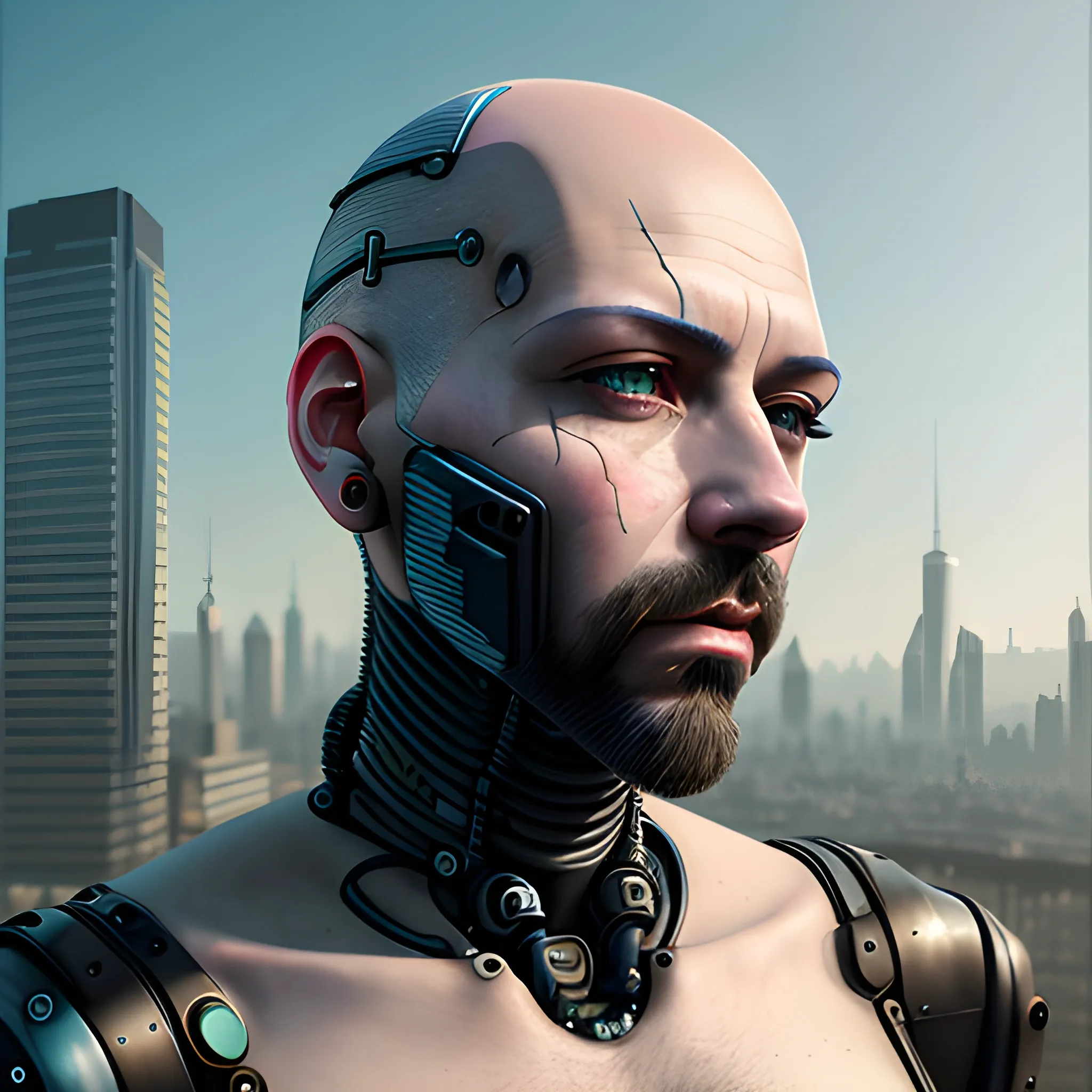 bald shaved hair, with full beard, cyberpunk, robot, Best quality, masterpiece, ultra high res,(photo realistic:1.4), surrealism, dream-like,credenza,Mr_MC_S-ART_V1, <lora:Mr_MC_S-ART_V1:0.9>, Cartoon