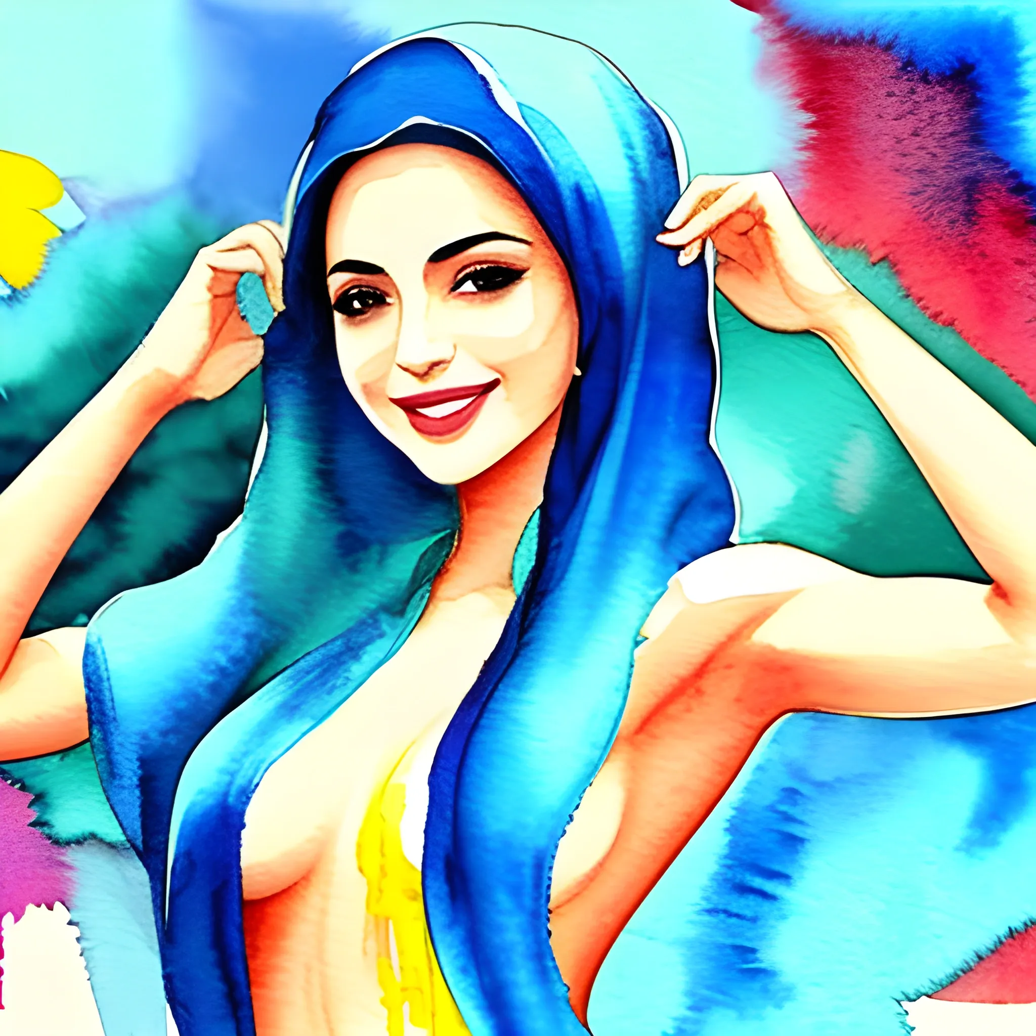 , Water Color arabic sexy without tshirt, full body, slim, long hair, smile 