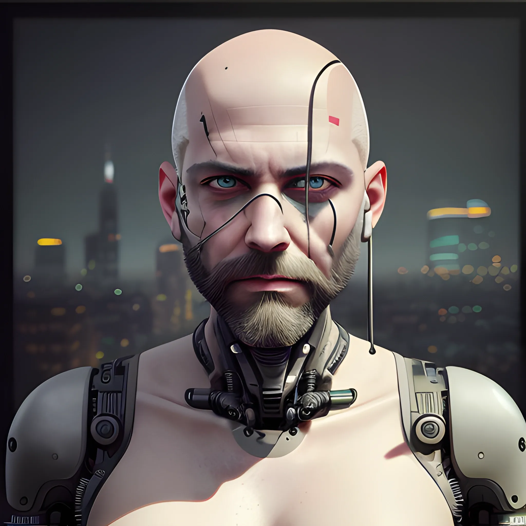 bald shaved hair, with full beard, cyberpunk, robot, Best quality, masterpiece, ultra high res,(photo realistic:1.4), surrealism, dream-like,credenza,Mr_MC_S-ART_V1, <lora:Mr_MC_S-ART_V1:0.9>, Cartoon, 3D