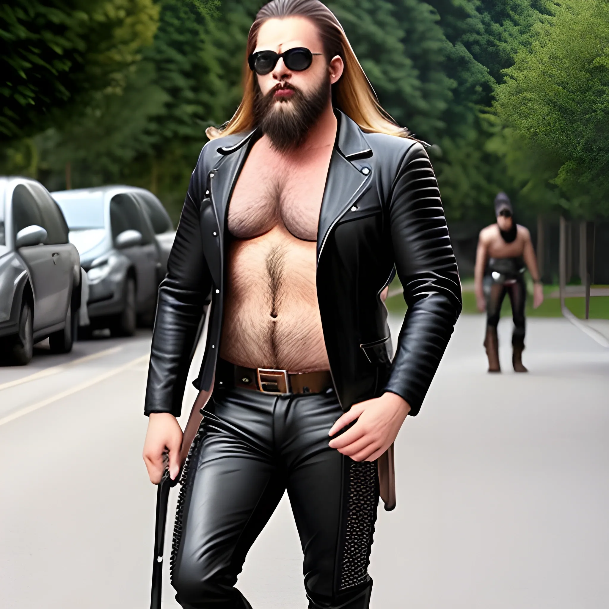 sexy leather men, hairy, long beard, sunglasses, full boddy, boots