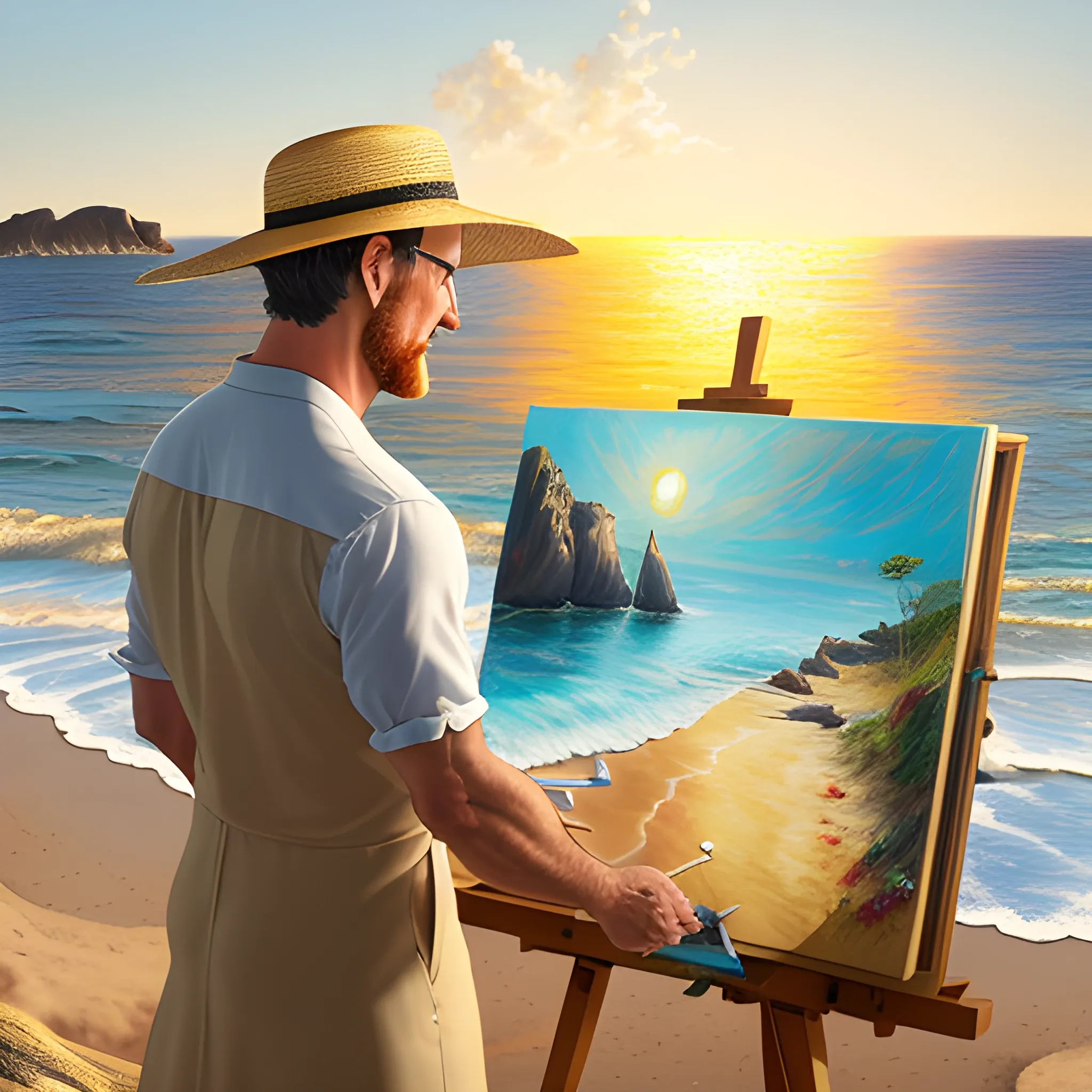 a handsome boy in a straw hat and a flowing dress painting the same seascape where he is at, on an easel, sunny day at the beach of Costa Brava's bay in Sant Antoni de Calonge, golden hour, fineart, beautiful painting by William Turner, peaceful seascape, cinematic, 8k, detailed, realistic , octane render, photorealistic --ar 4:3 --q 2 --v 5