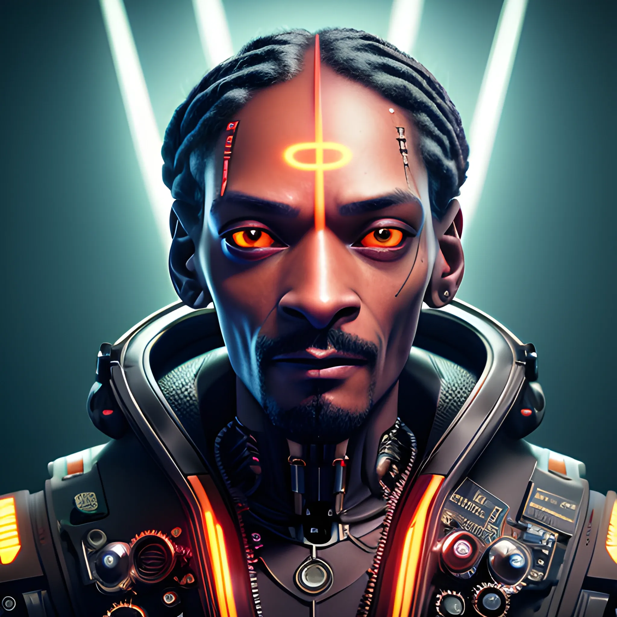 A complex 3D render of a cyborg snoop dogg in the night, bat wings spreaded, dead-center in frame, robotic parts, microchip, ultra detailed wires and cog wheels, lace, electric cables, in a cyberpunk city, furious expression, eyes glowing, breathing smoke, vibrant, esport, epic, celestial, moody, cinematic lighting, 150 mm, lens flare, highly detailed, sharp focus, octane render, HDRI, intense, dramatic, warm colors, fiery effect, professional, IMAX, dark studio, low key, high contrast, flawless detail, award-winning, expertly crafted, detailed pupils, colour grading, post-processed, rim light, hyperrealistic