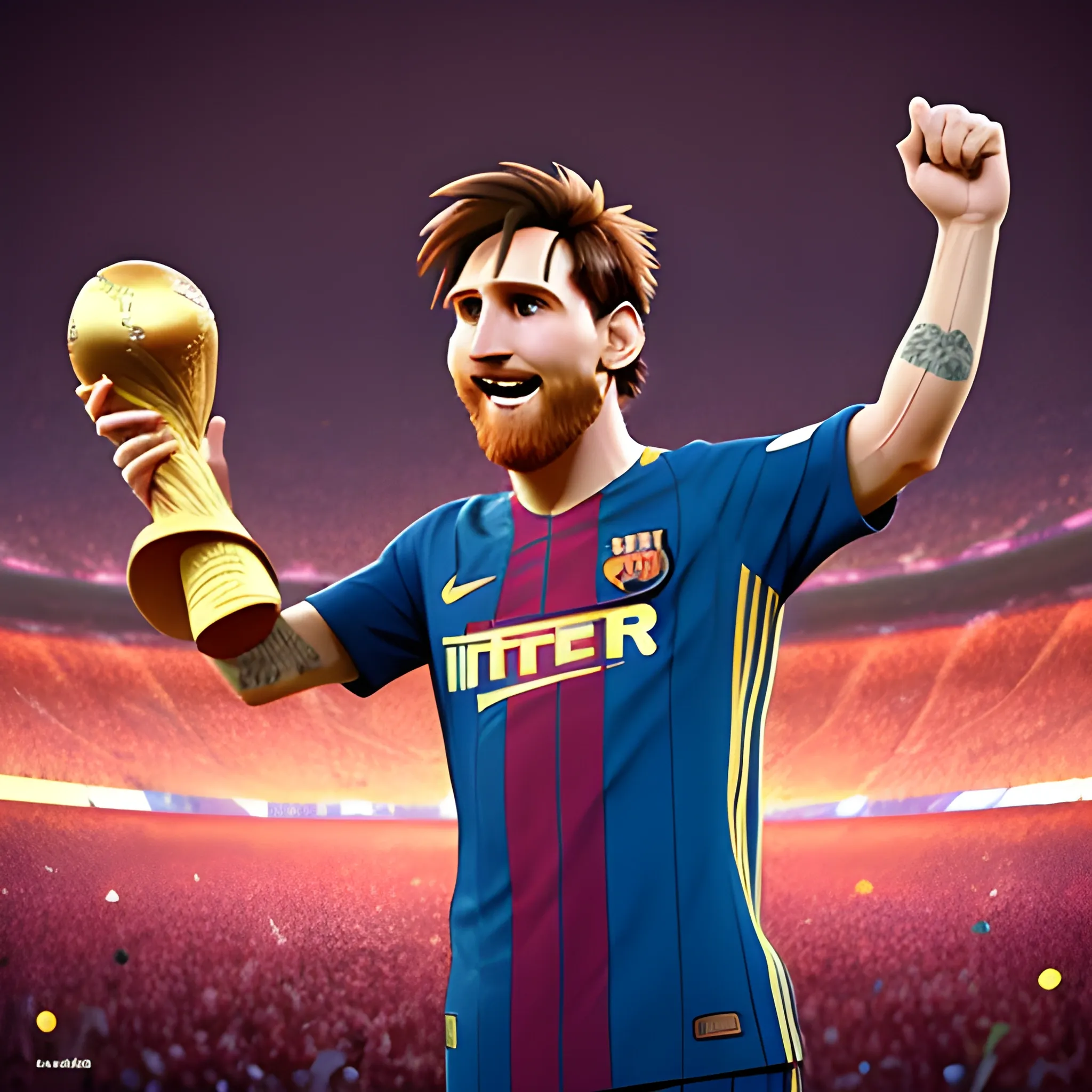  A Pixar 3D rendering of Messi in Inter Miami celebrating with the World Cup. The art style is inspired by the animation work of Hayao Miyazaki. The scene portrays Messi's elation as he holds the trophy high above his head, surrounded by a beautifully detailed stadium. The color temperature is vibrant and enchanting, with a mix of warm and cool tones that bring the scene to life. The lighting is soft yet dynamic, creating a sense of magic and wonder. The atmosphere is filled with happiness and awe-inspiring visuals. --v 5 --stylize 1000