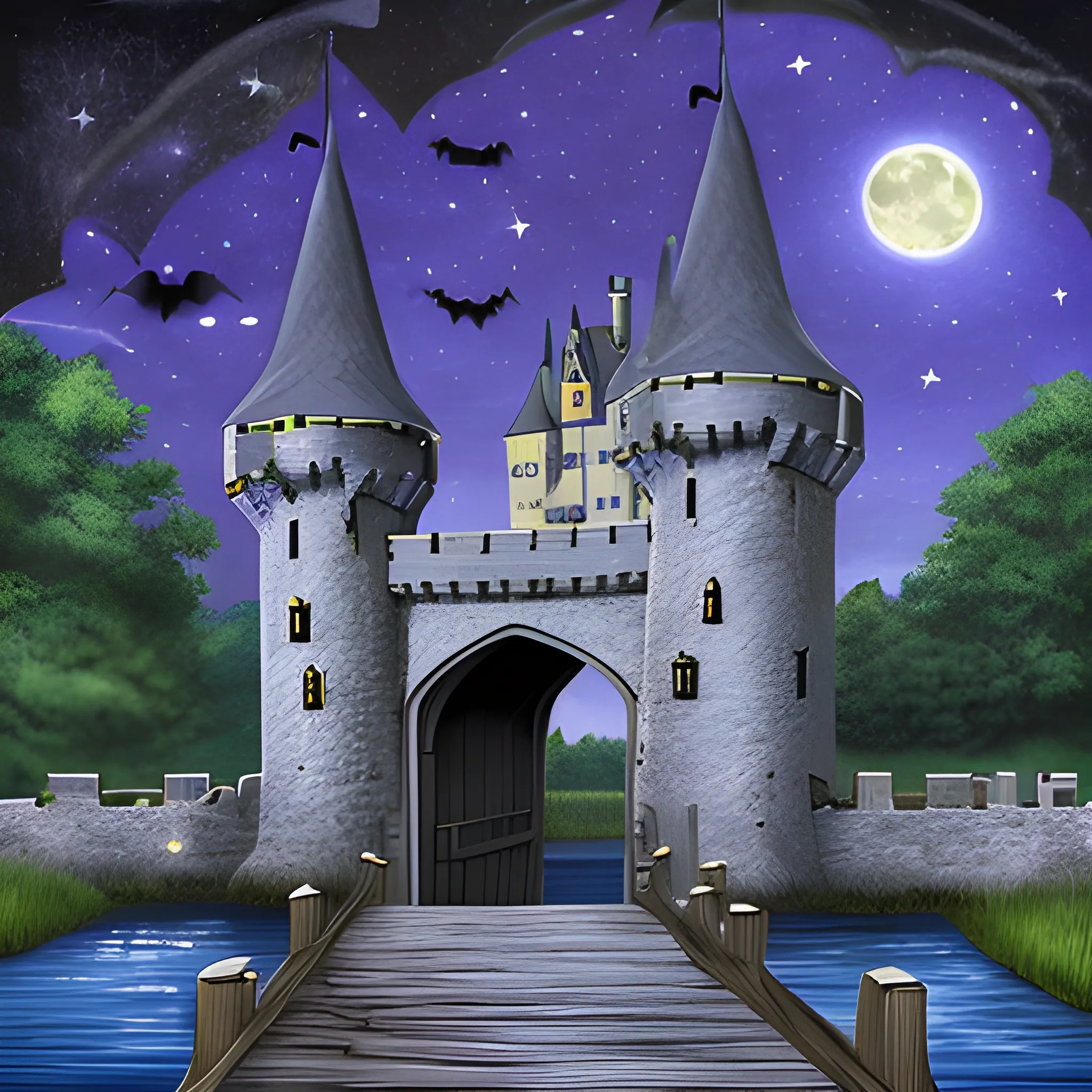 castle night moon bats mote drawbridge