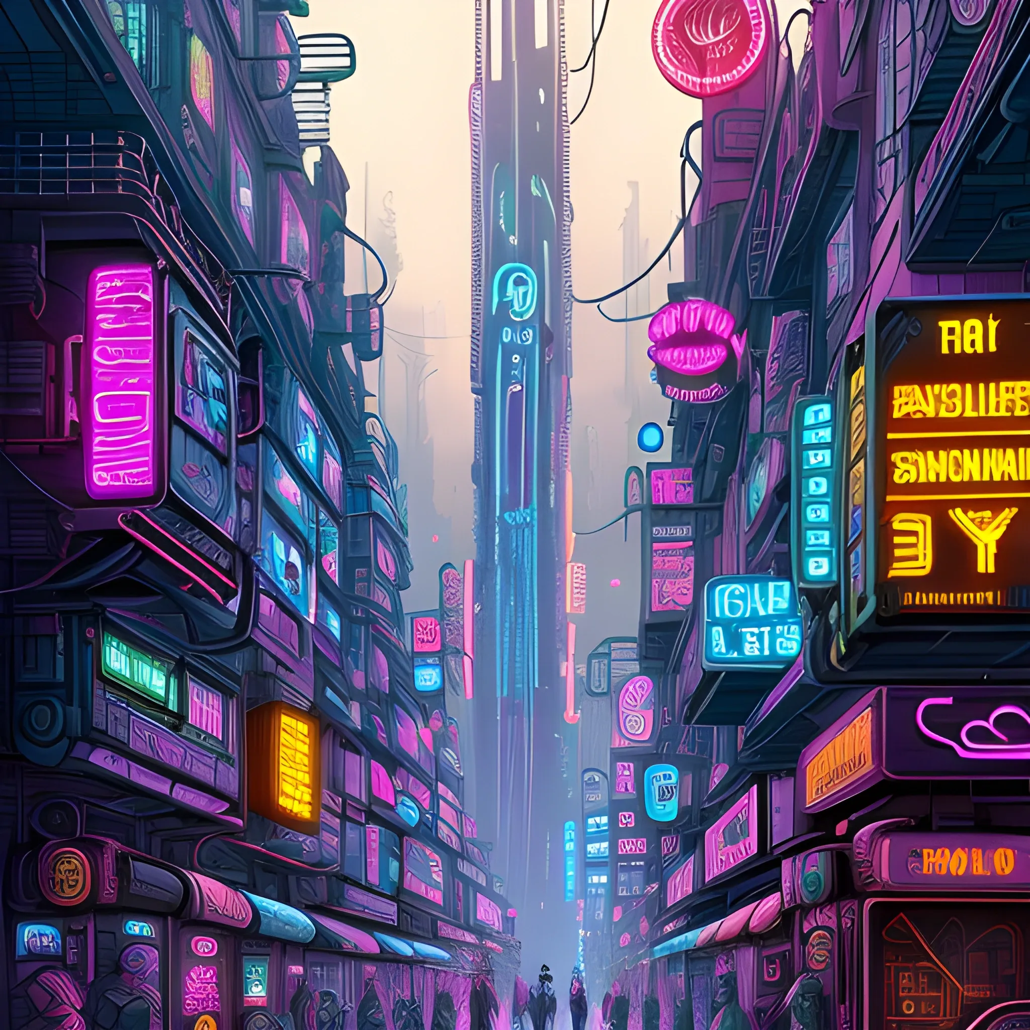 Create a 9:16 art piece depicting a bustling cyberpunk city with diverse, colorful cyborgs. Blend steampunk and cyberpunk elements, incorporating vibrant colors, neon lights, and intricate machinery.