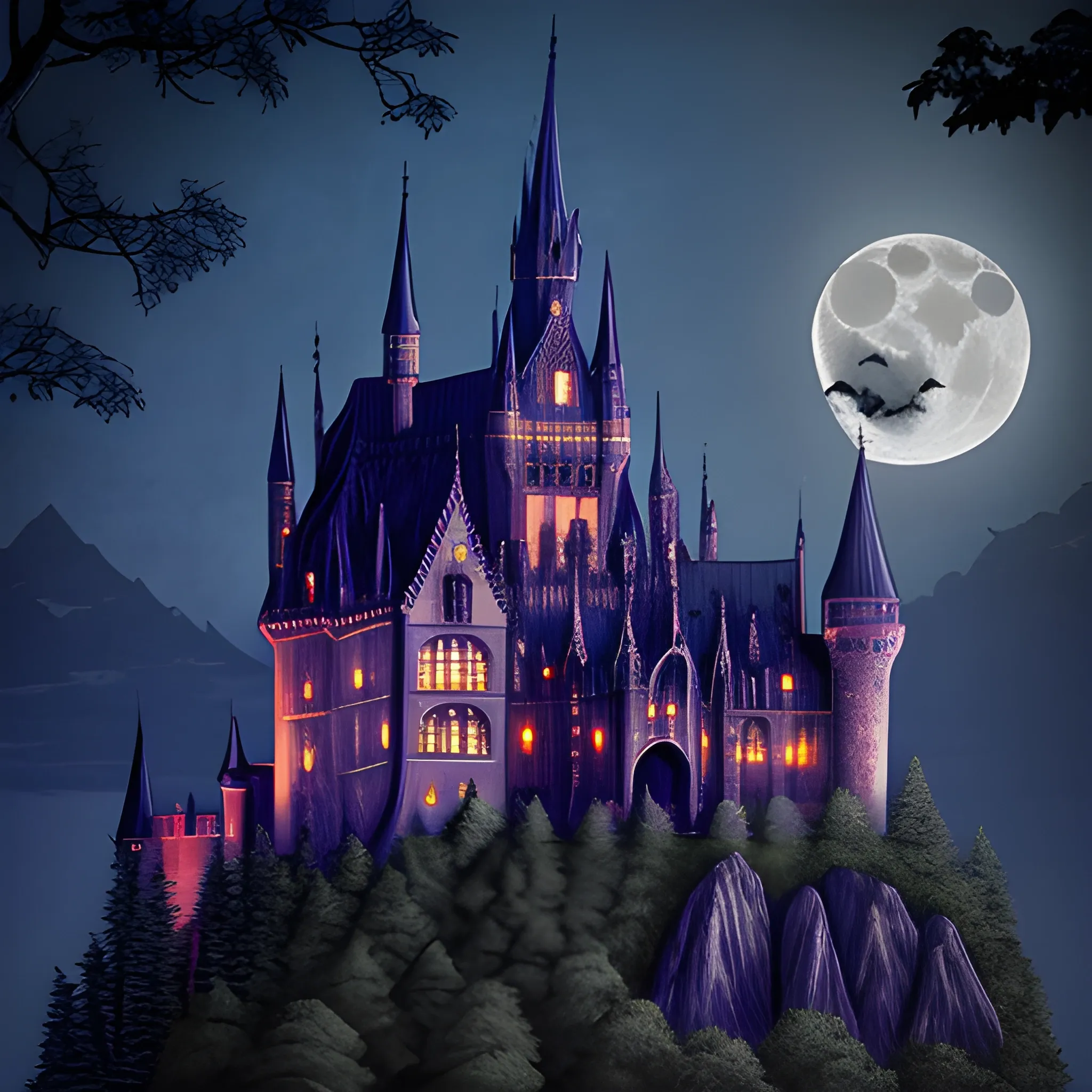 gothic castle with a mote bats night moon