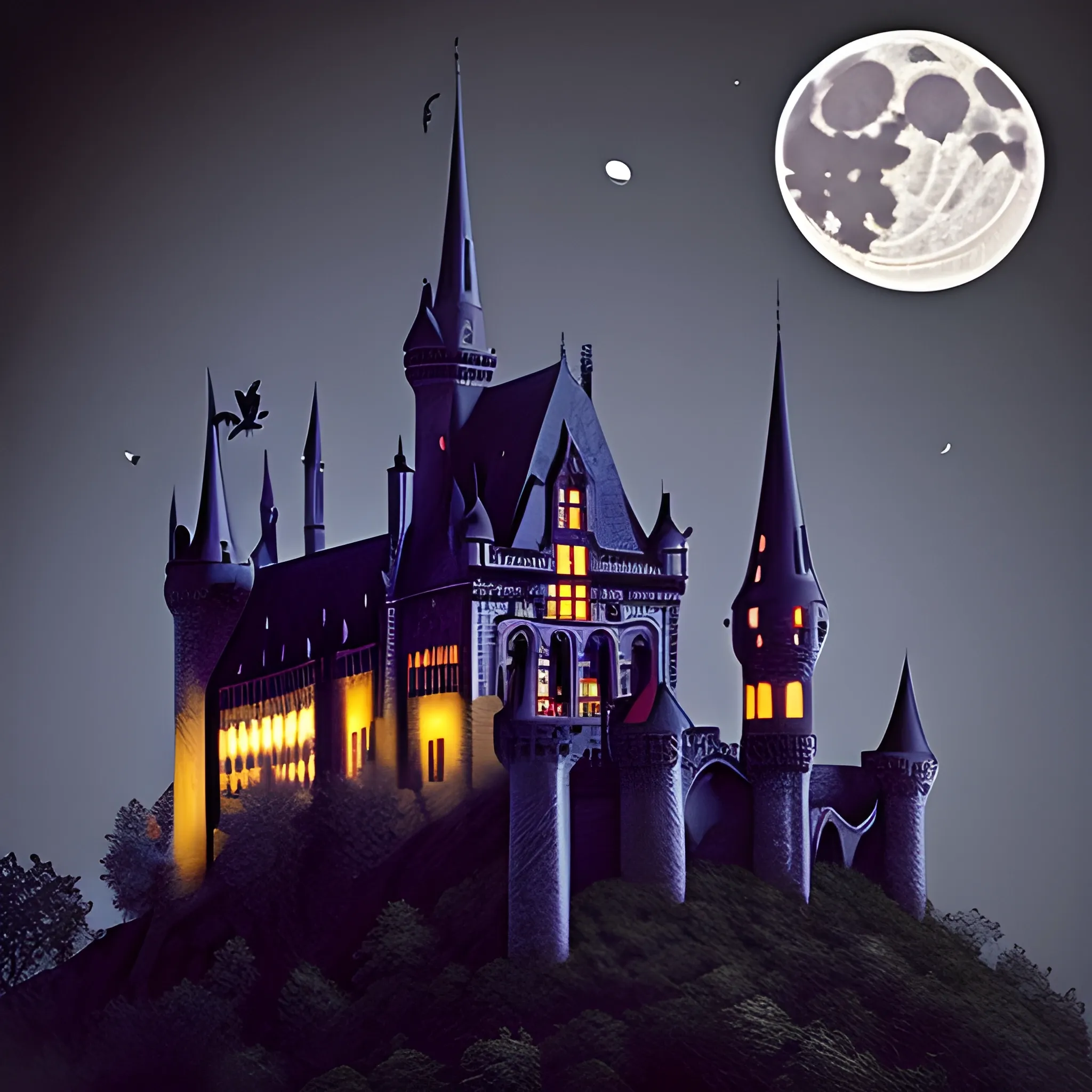 gothic castle with a mote bats night moon - Arthub.ai