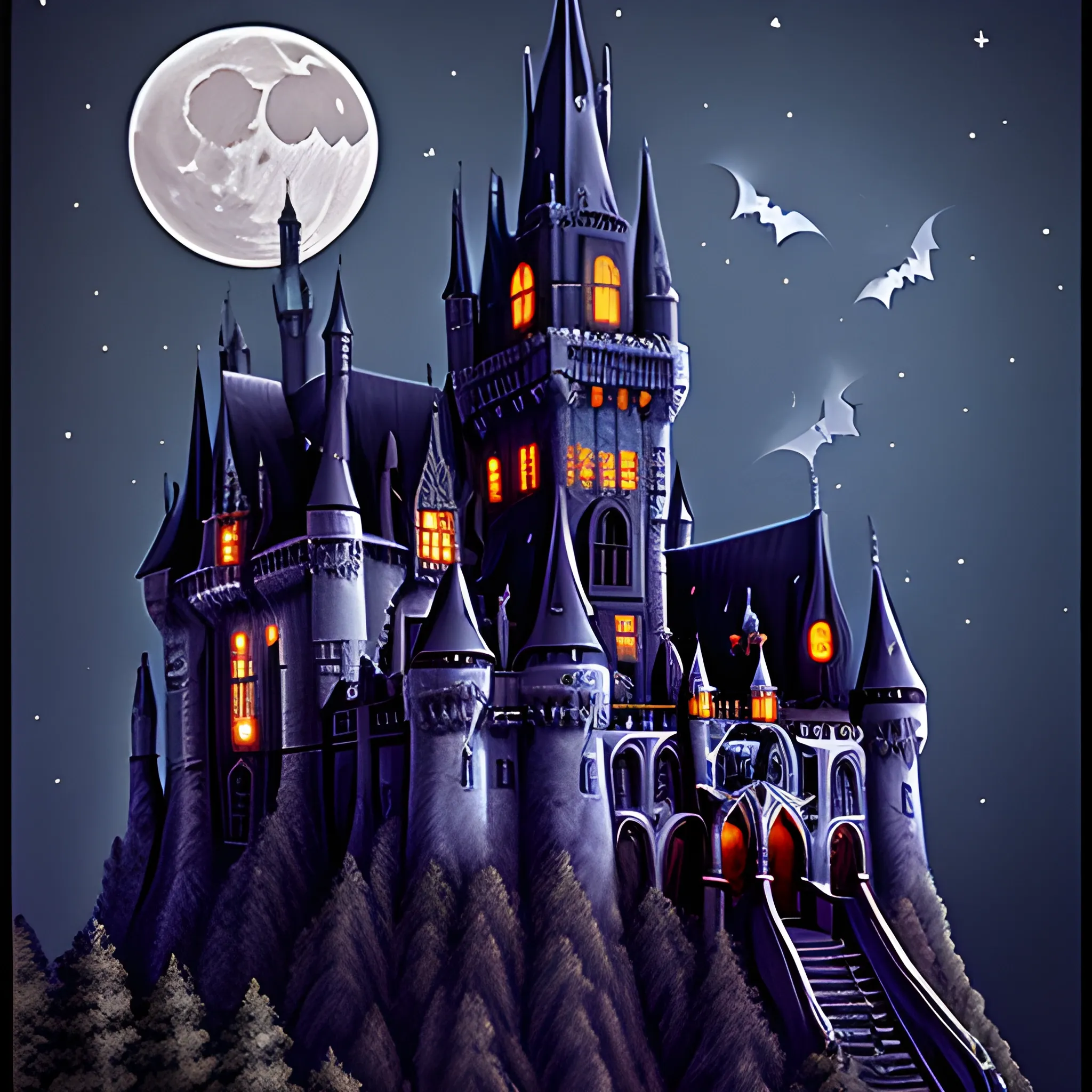 gothic castle with a mote bats night moon