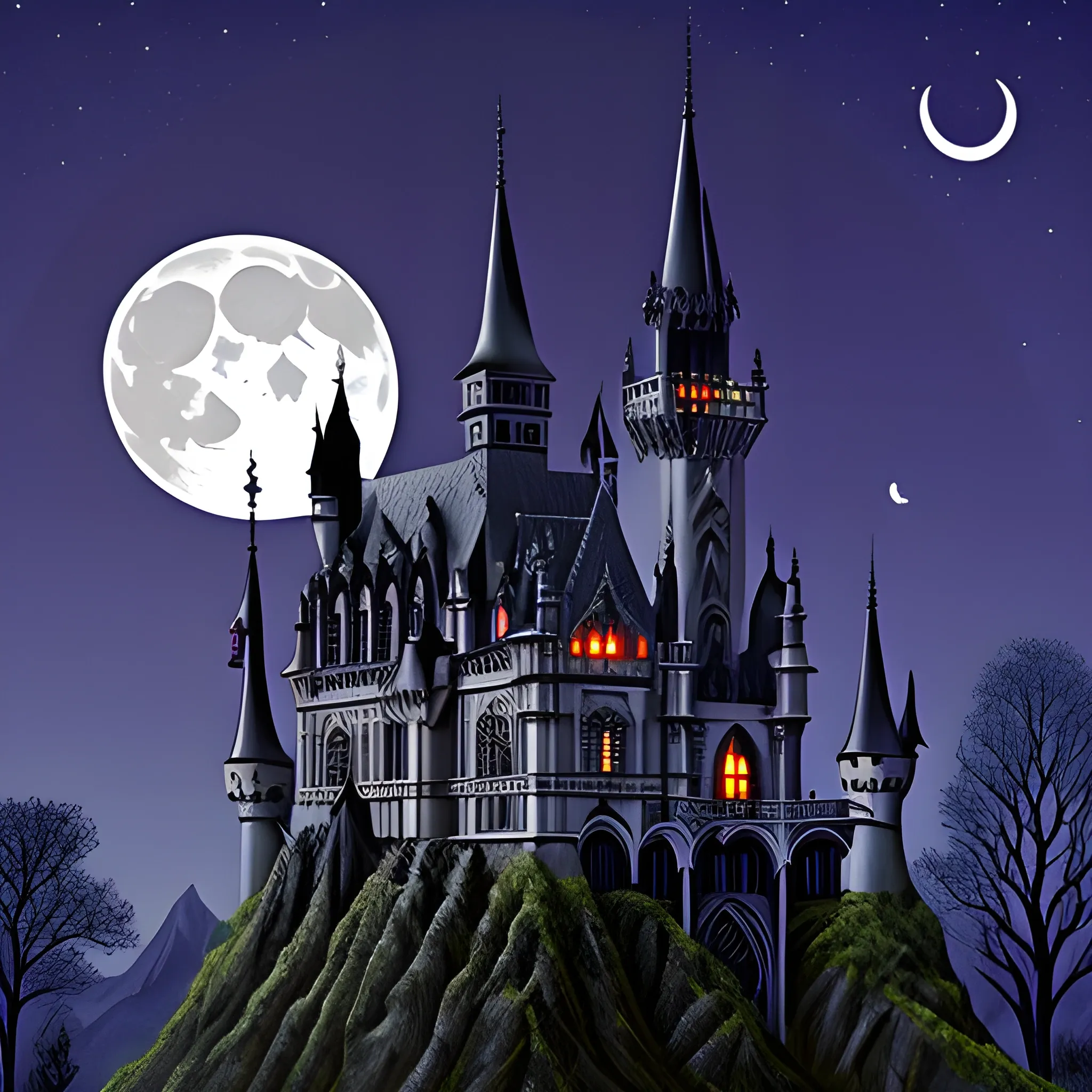 gothic castle with a mote bats night moon