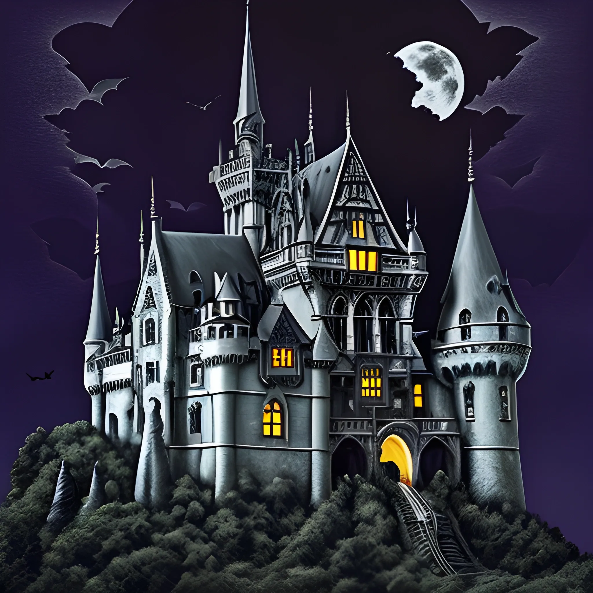 gothic castle with a mote bats night moon