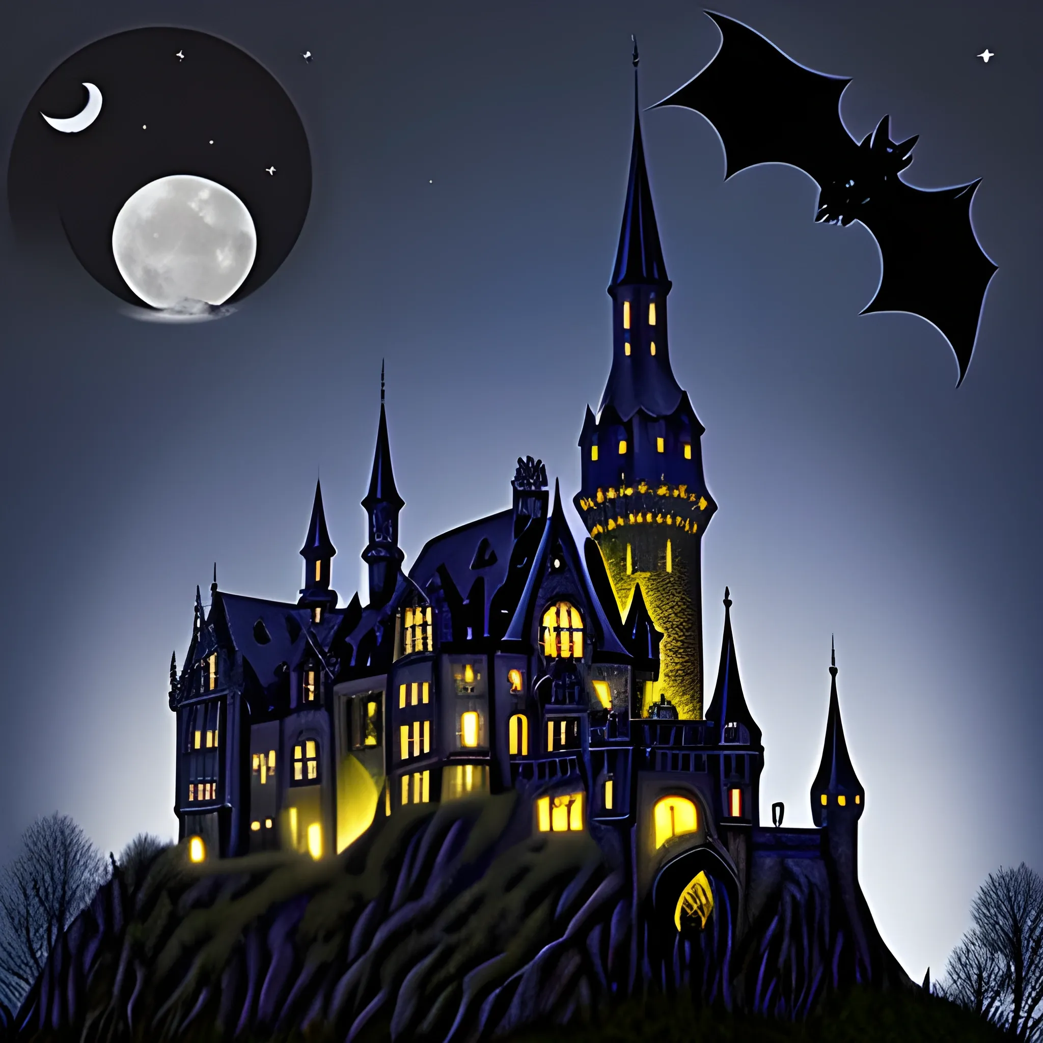 gothic castle with a mote bats night moon