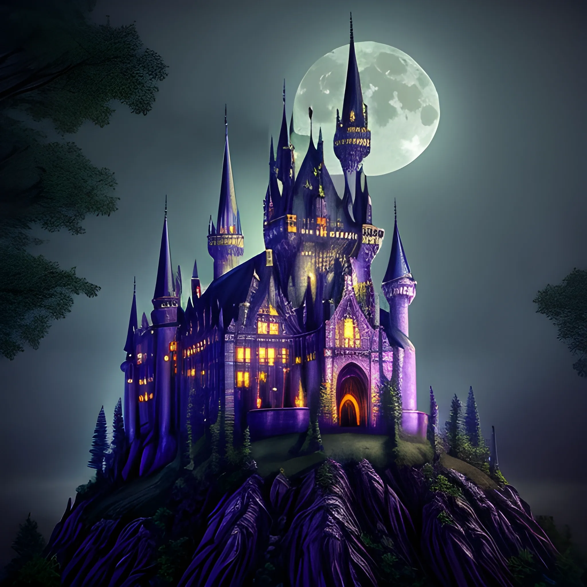 wizard realistic gothic castle moon bats nighttime 
masterpiece dappled lighting