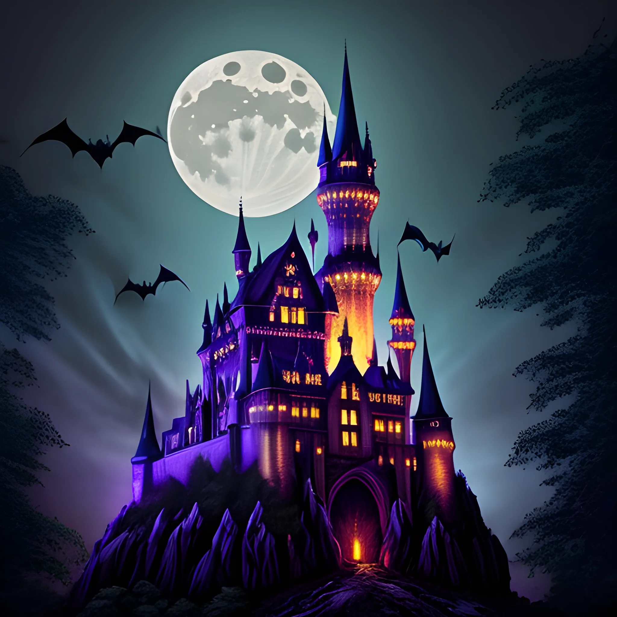 wizard realistic gothic castle moon bats nighttime masterpiece ...