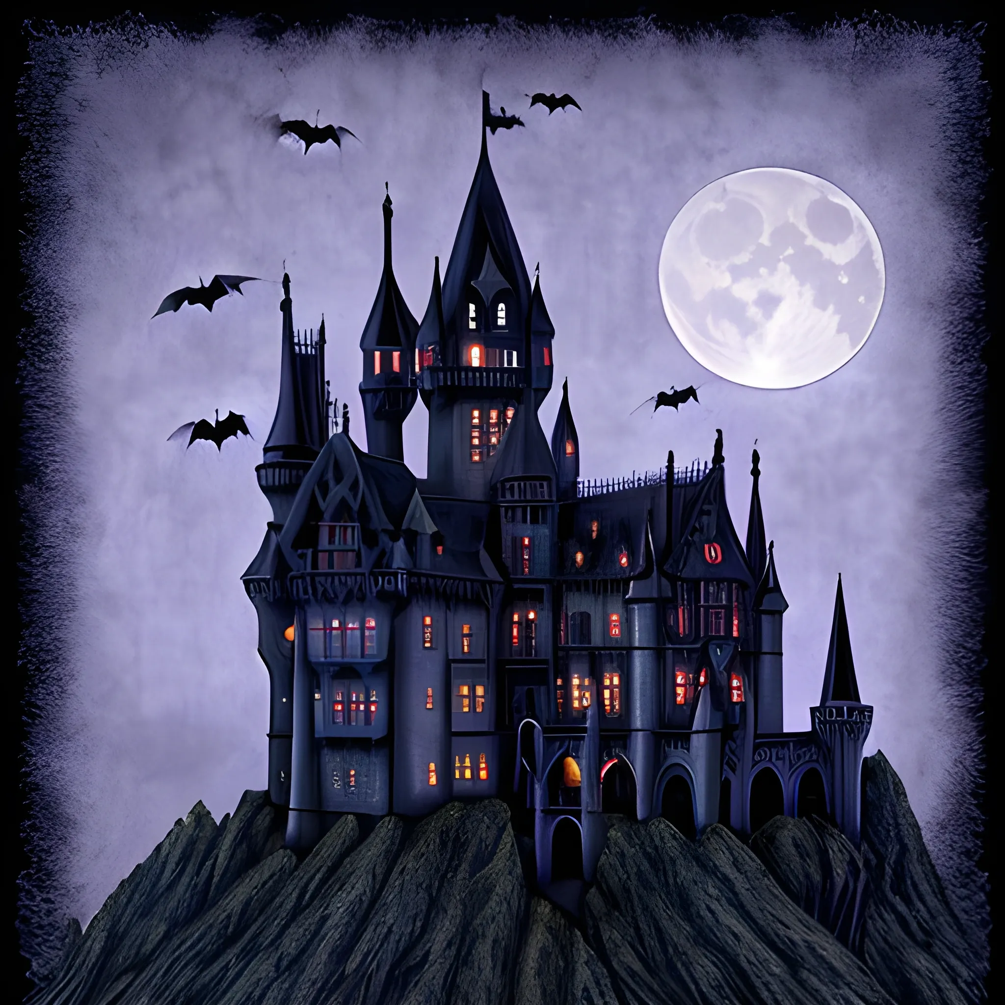 gothic castle with a mote bats night moon