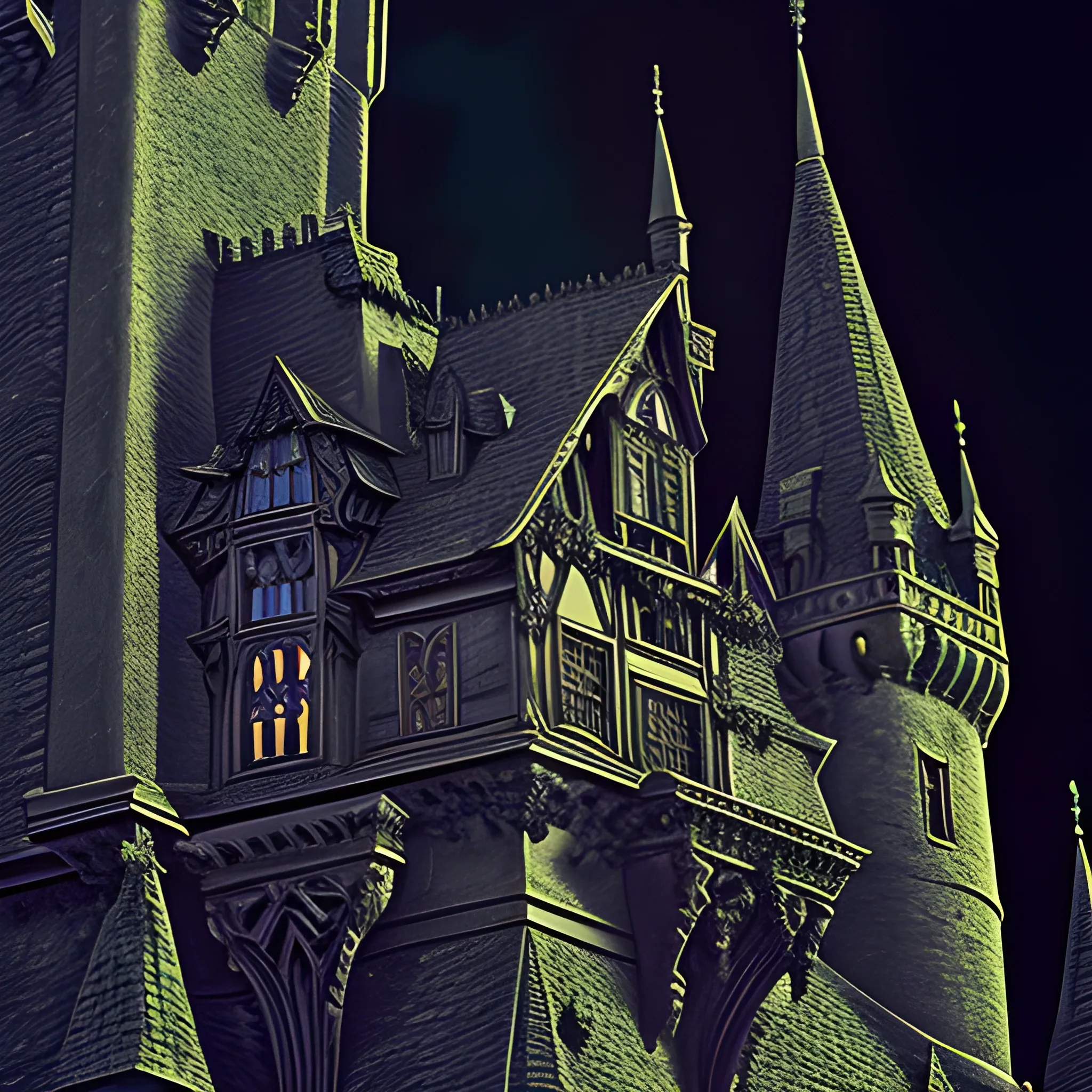 gothic castle with a mote bats night moon photography wizard "intricate detail" gargoyle