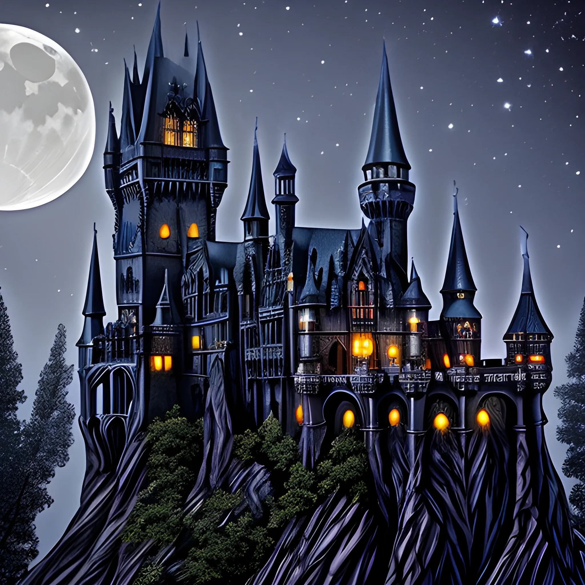 gothic castle with a mote bats night moon photography wizard "intricate detail" gargoyle