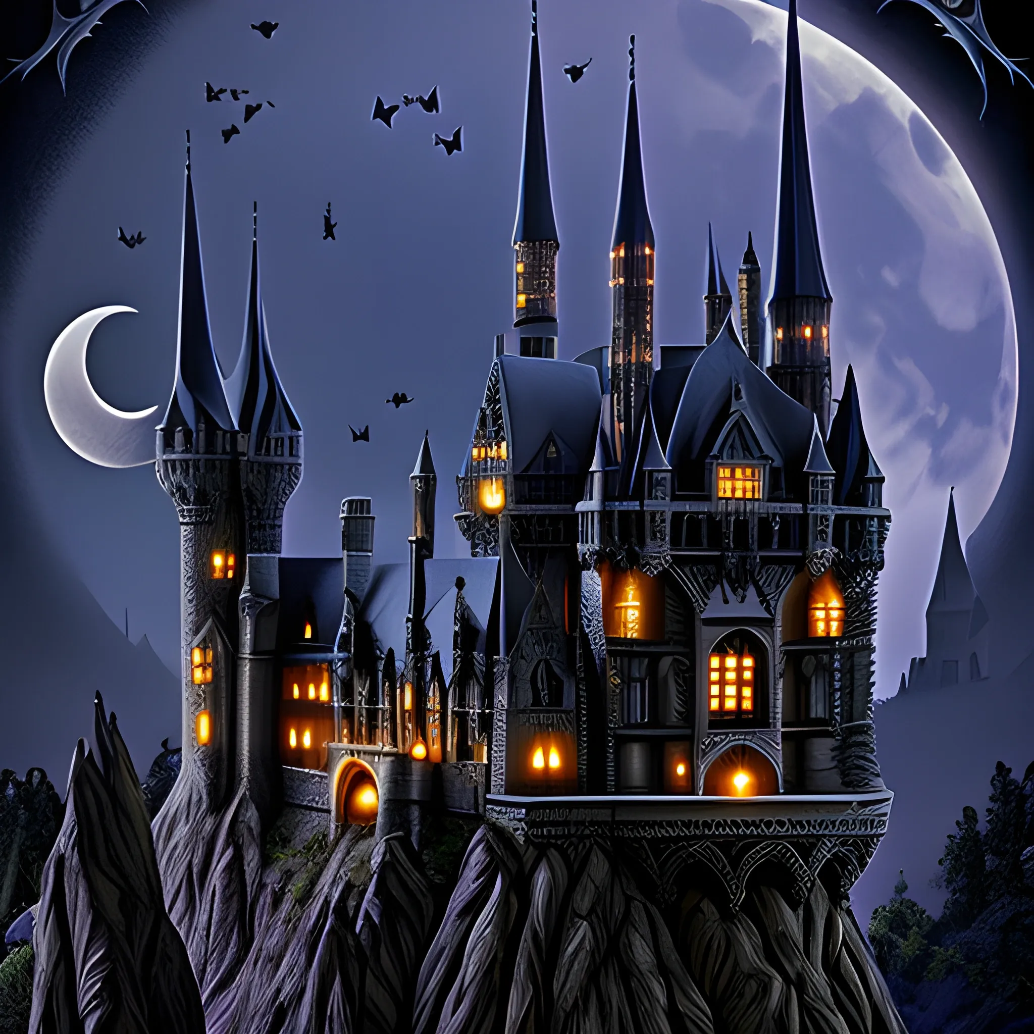 gothic castle with a mote bats night moon photography wizard "intricate detail" gargoyle