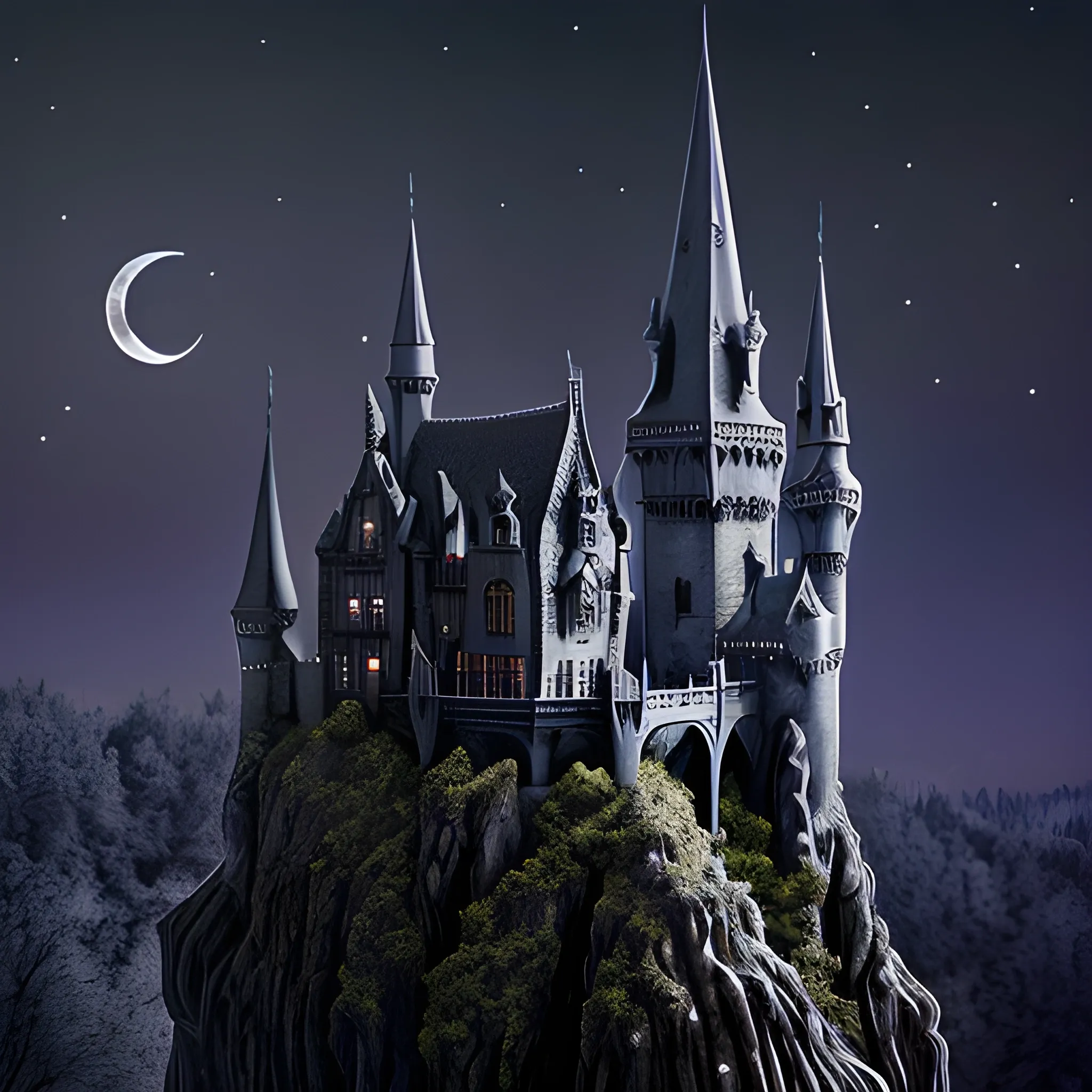 gothic castle with a mote bats night moon photography wizard "intricate detail" gargoyle