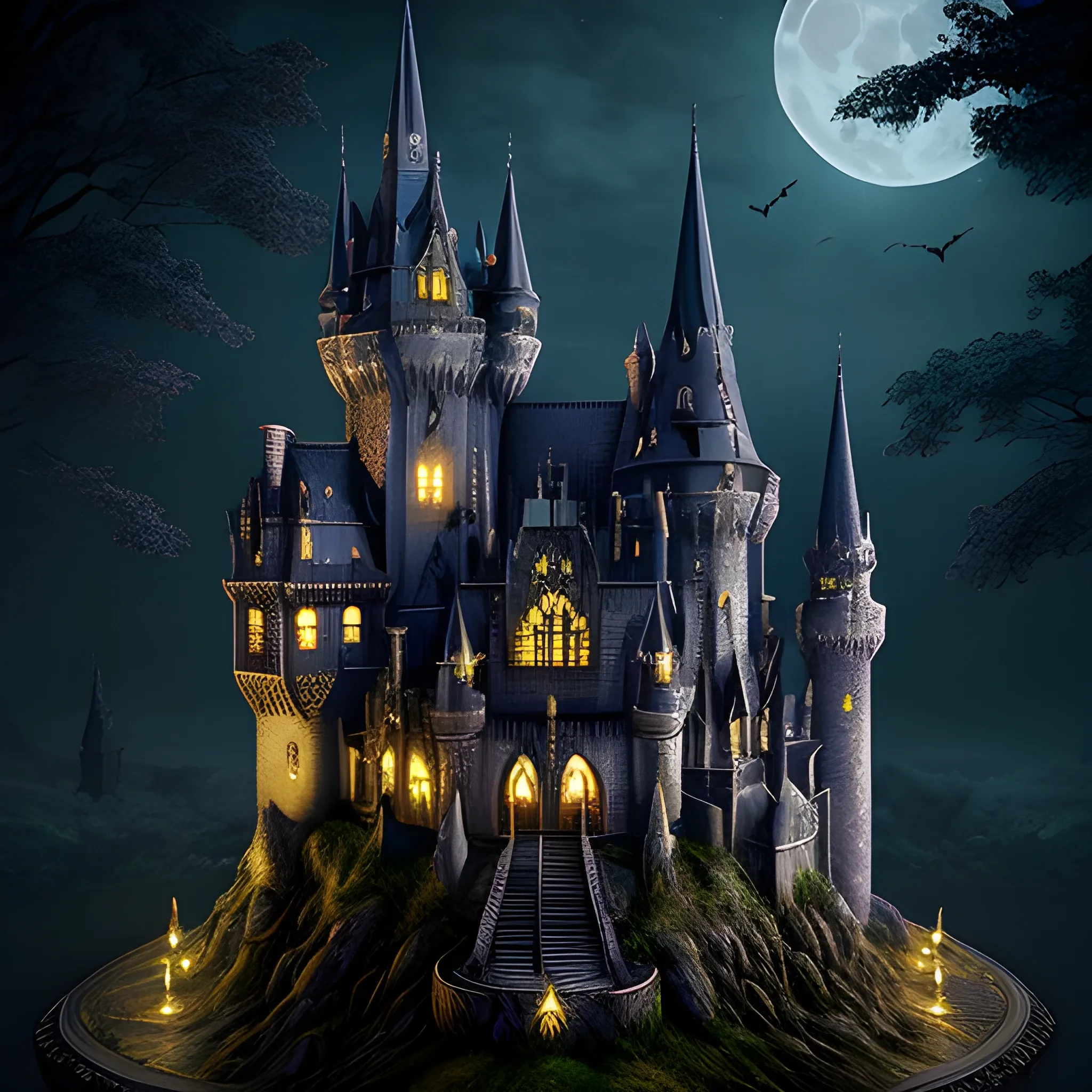 wizard realistic gothic castle moon bats nighttime 
masterpiece "dappled lighting" photography "intricate detail"