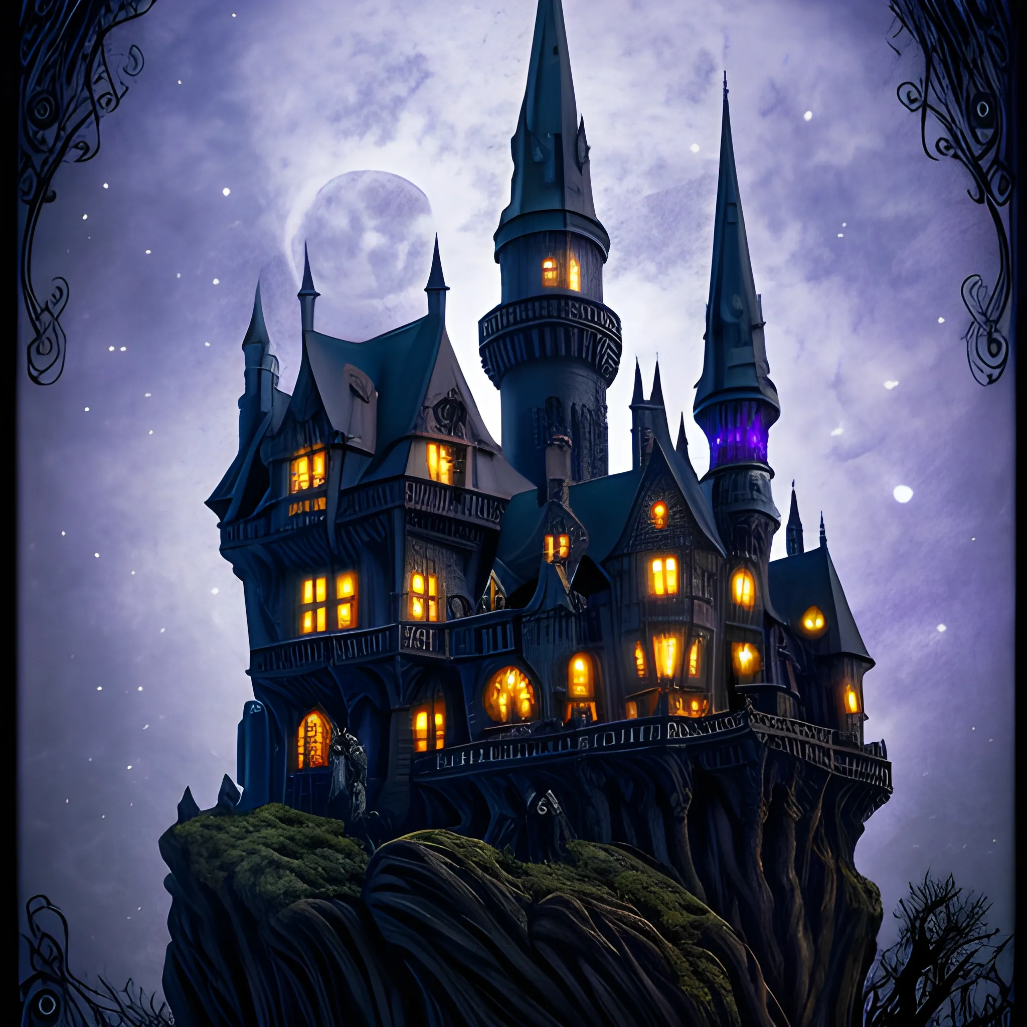 gothic castle with a mote bats night moon photography wizard "intricate detail" gargoyle