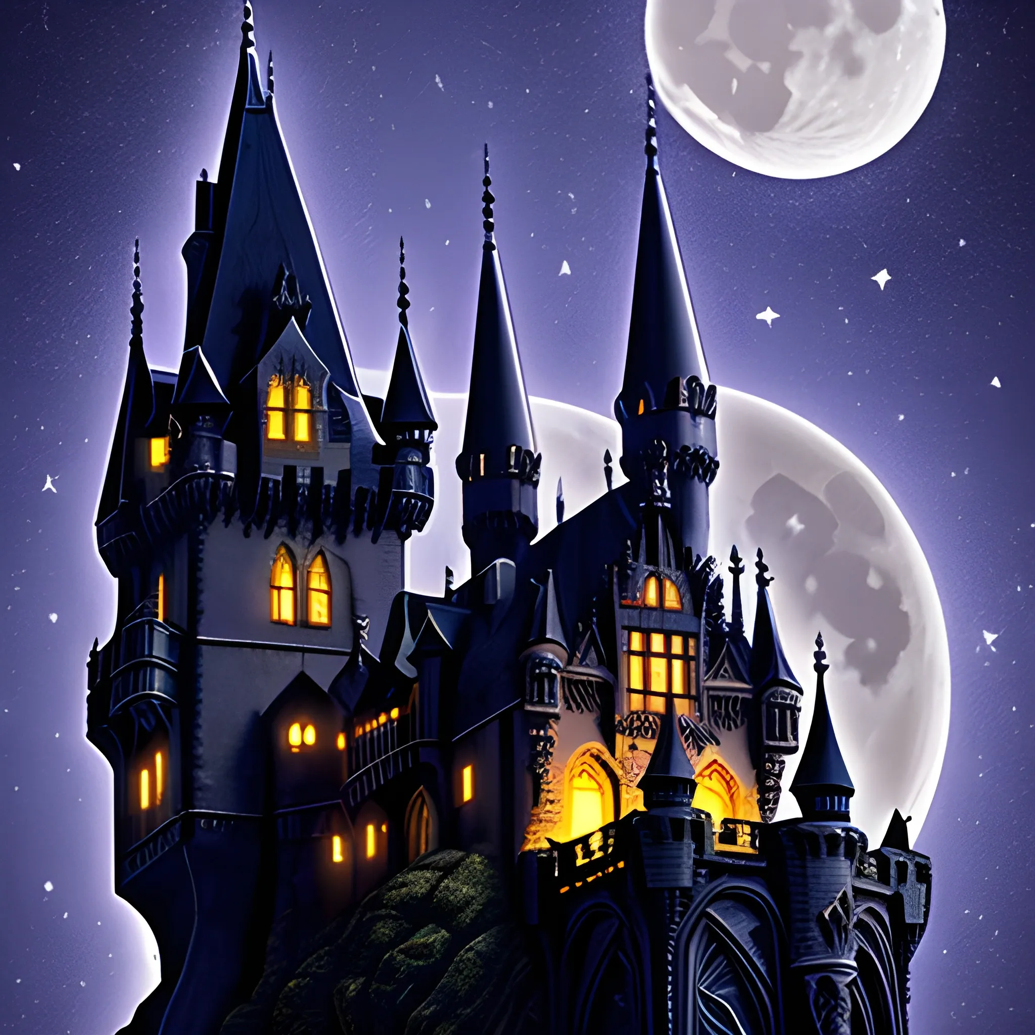 gothic castle with a mote bats night moon photography wizard "intricate detail" gargoyle