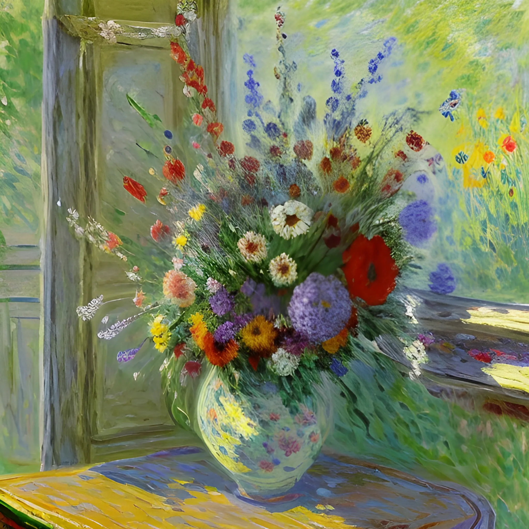 Bouquet of wild flowers in the morning ,impressionism style ,masks ,oil,Claude Monet ,masterpiece