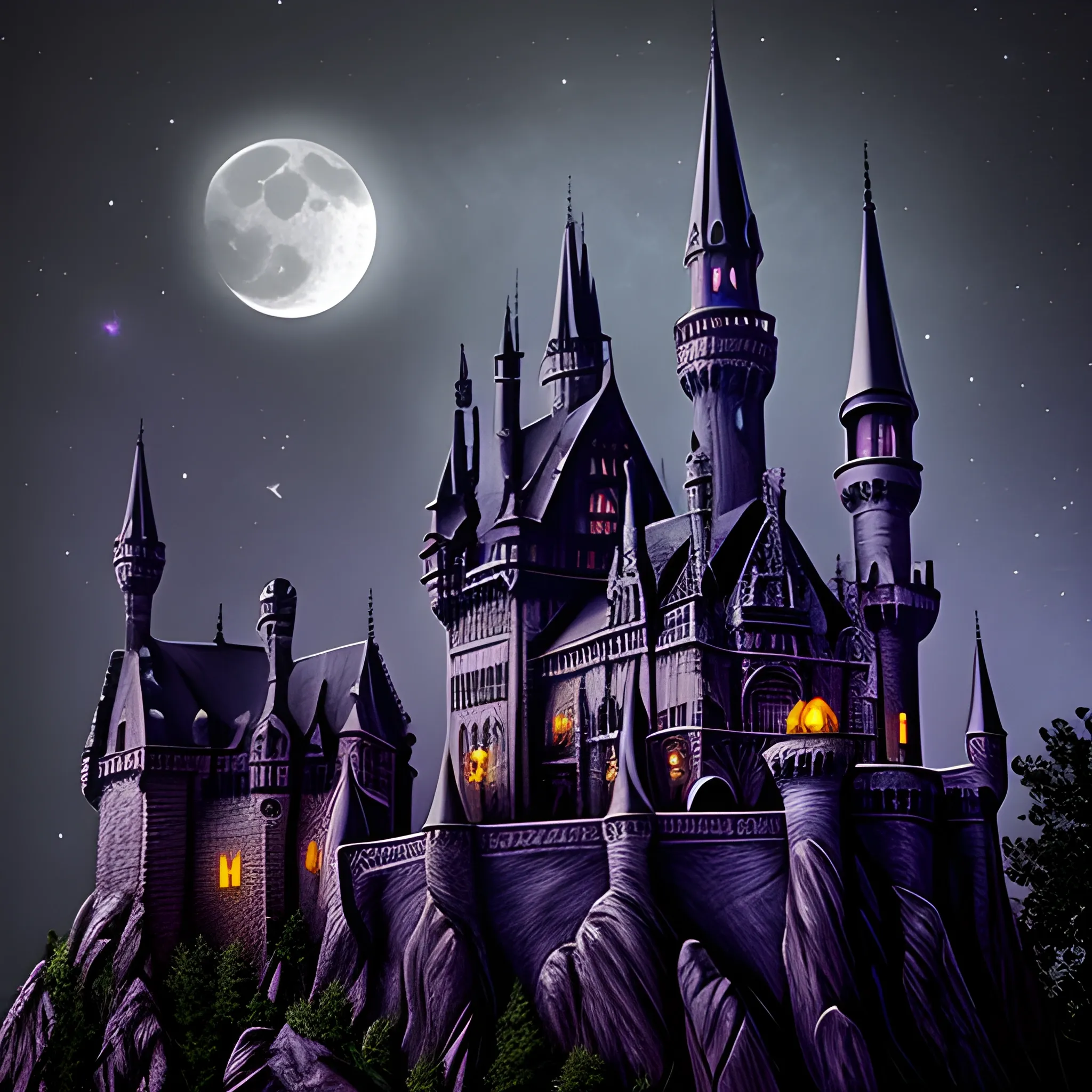 gothic castle with a bats night moon photography wizard "intricate detail" gargoyle