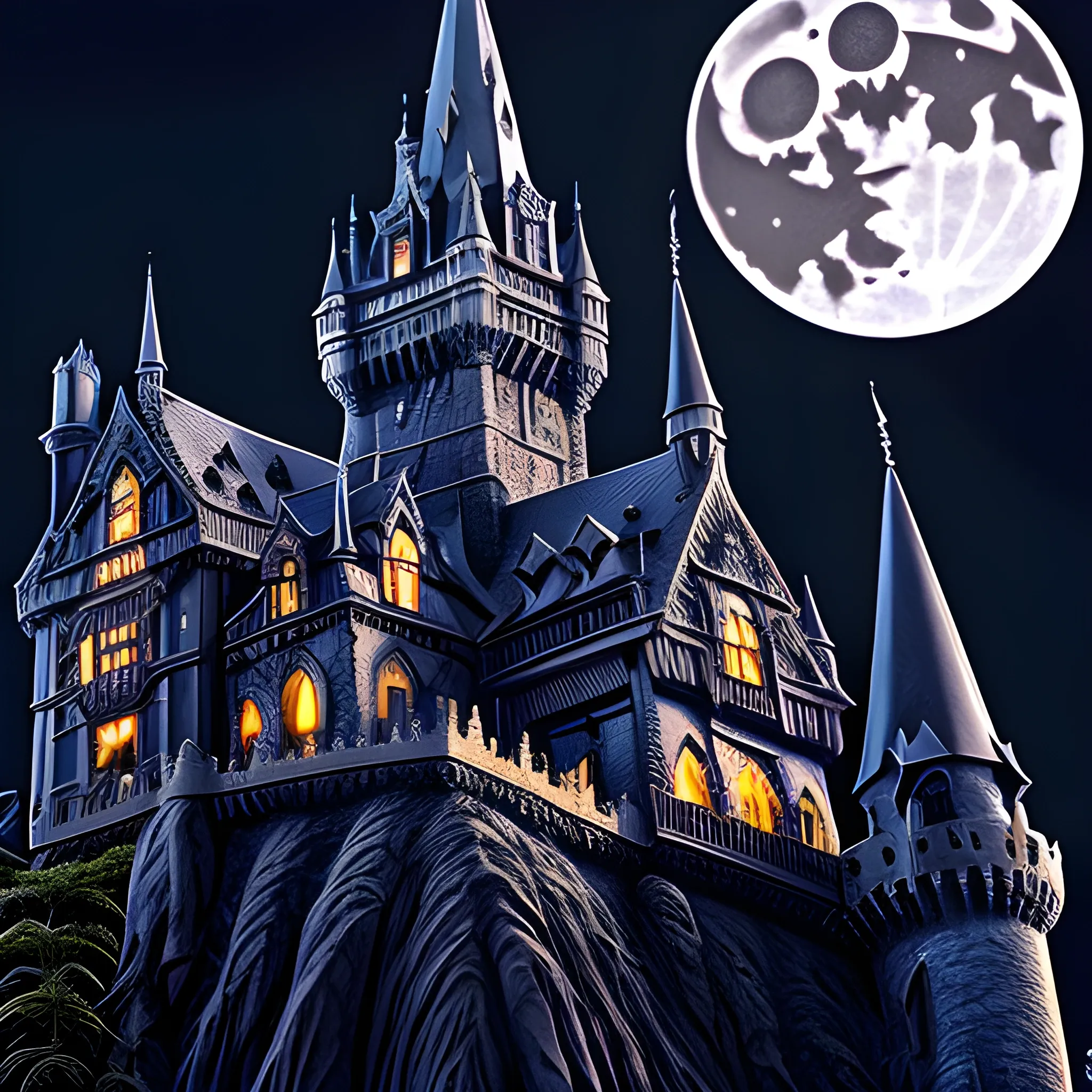 gothic castle with a bats night moon photography wizard "intricate detail" gargoyle