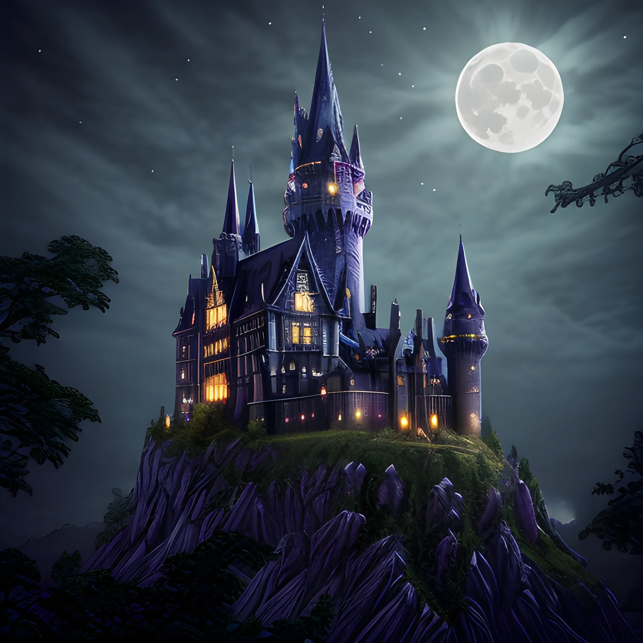wizard realistic gothic castle moon bats nighttime masterpiece ...