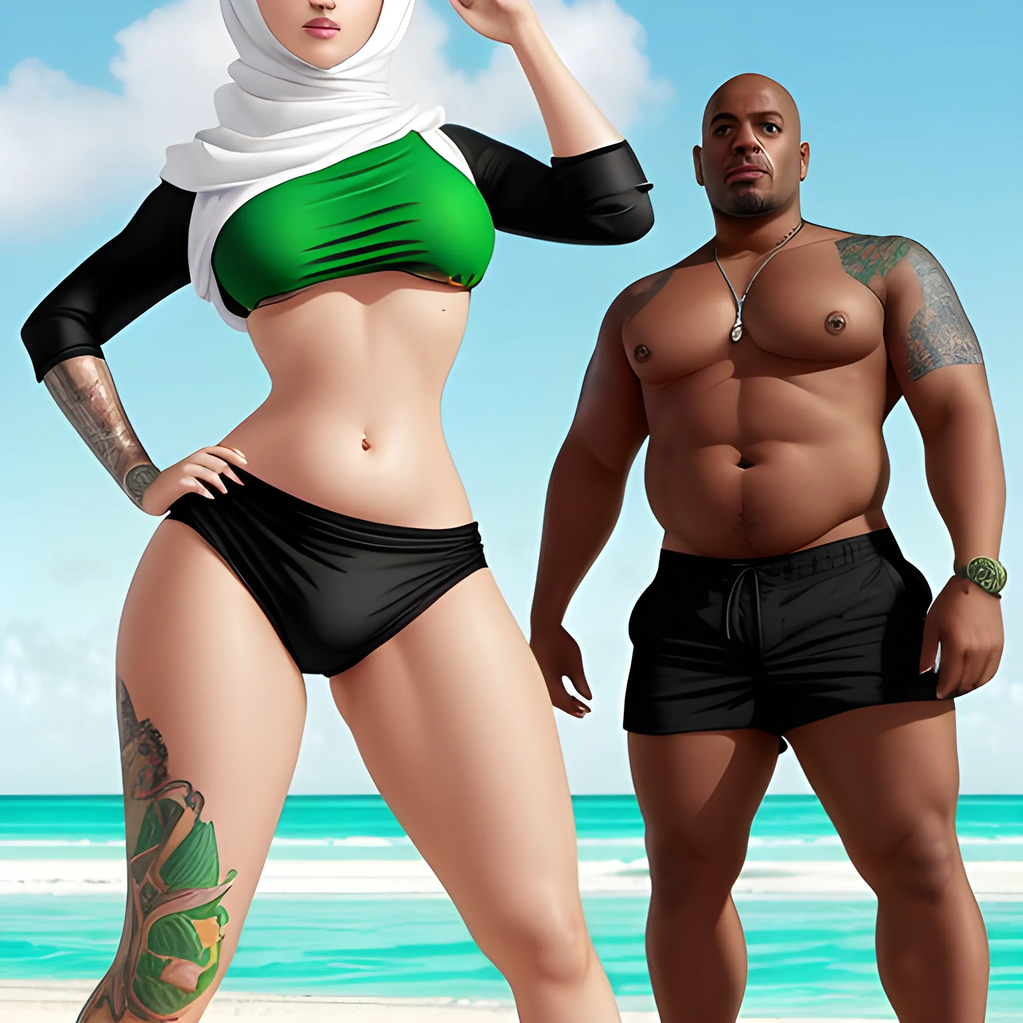 white curvy hijab woman in green micro bikini with a black strong man in Miami beach, DDD-cup size, man in black shorts, tattoos on hips and legs of woman, woman belly tattoos, realistic, high quality, masterpiece