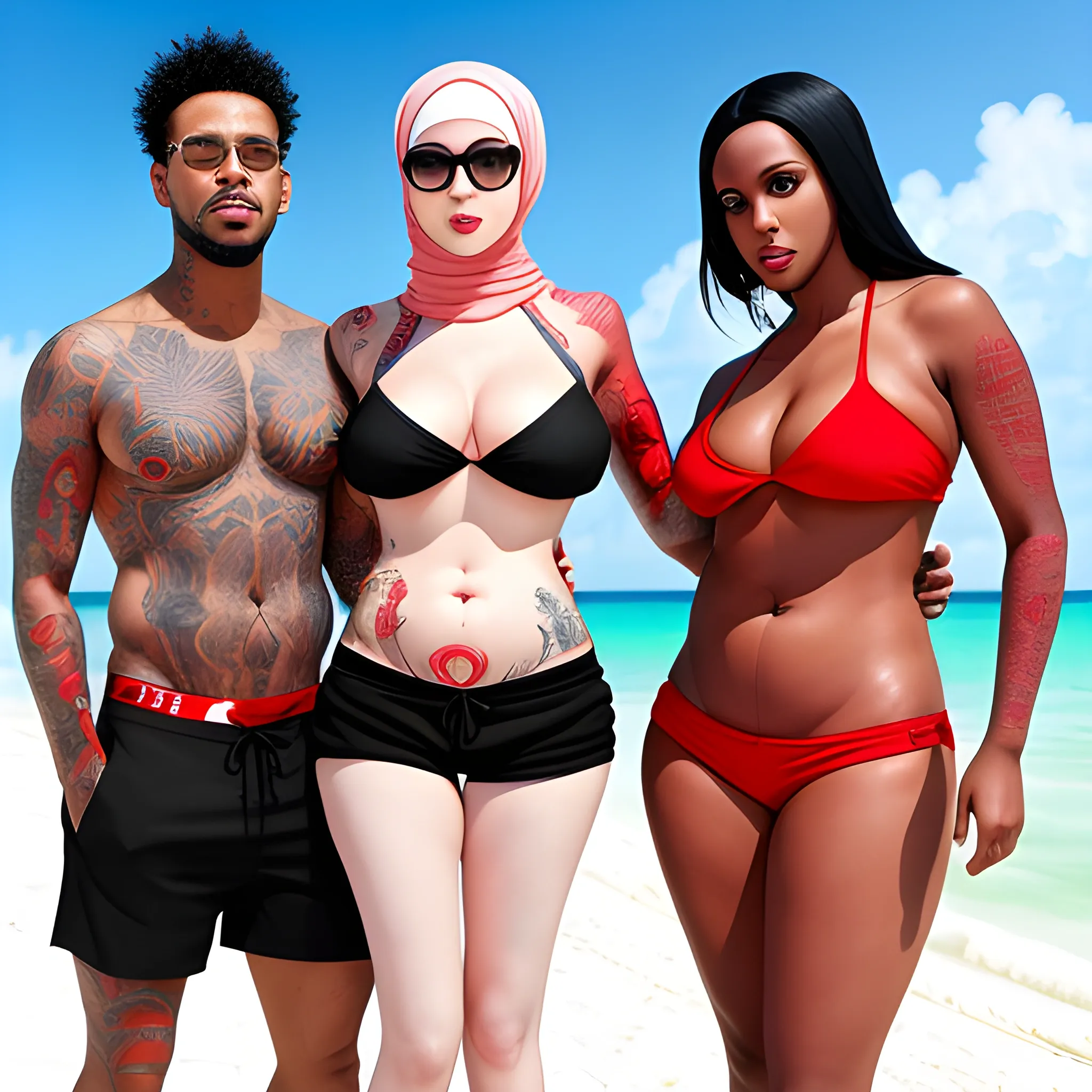 white curvy hijab woman in red string bikini with two black strong men in Miami beach, DDD-cup size, men in black shorts, tattoos on hips and legs of woman, woman belly tattoos, realistic, high quality, masterpiece