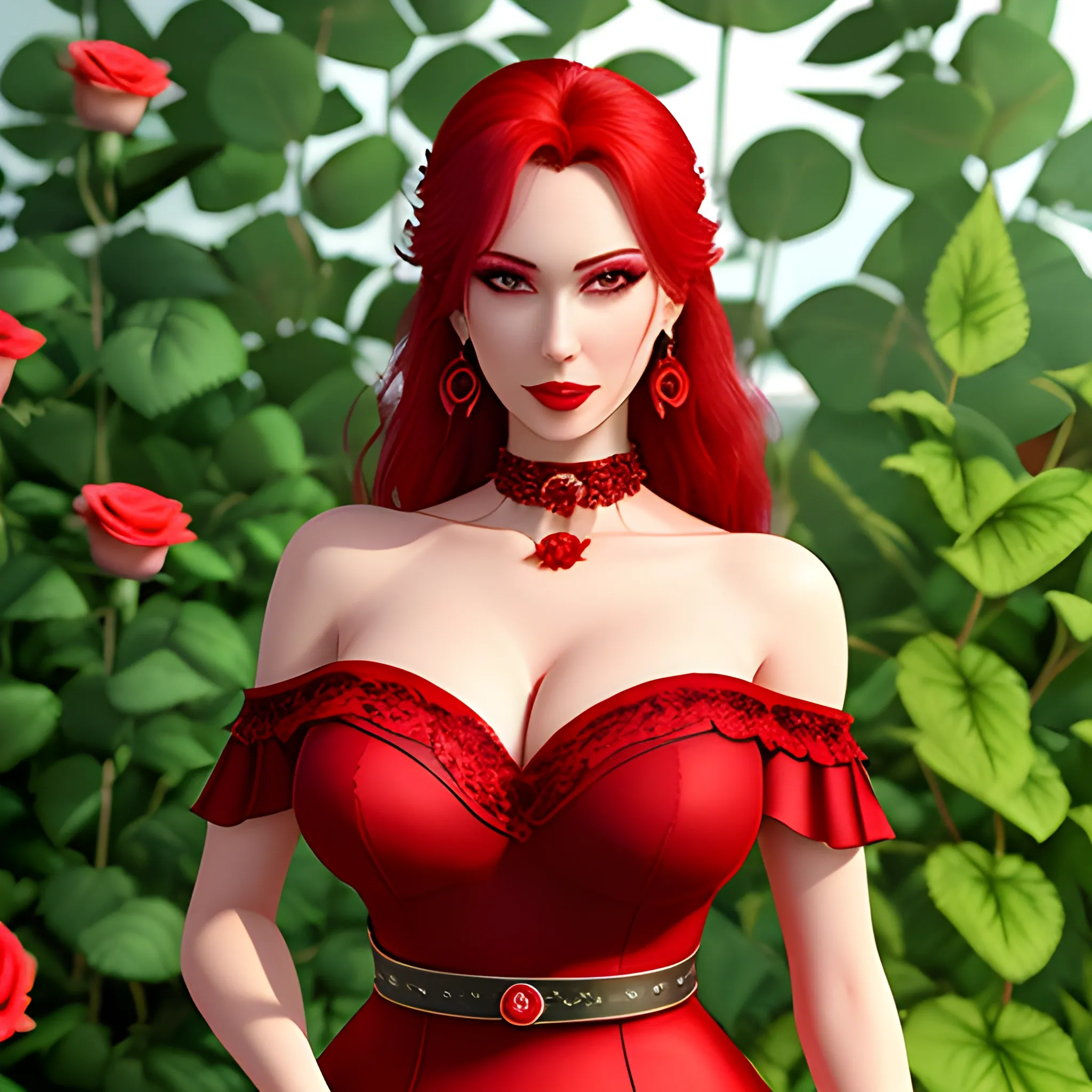 1girl, flower, red_flower, earrings, jewelry, rose, solo, red_rose, hair_ornament, choker, hair_flower, red_skirt, off_shoulder, belt, long_hair, breasts, blurry_background, bare_shoulders, looking_at_viewer, collarbone., 3D