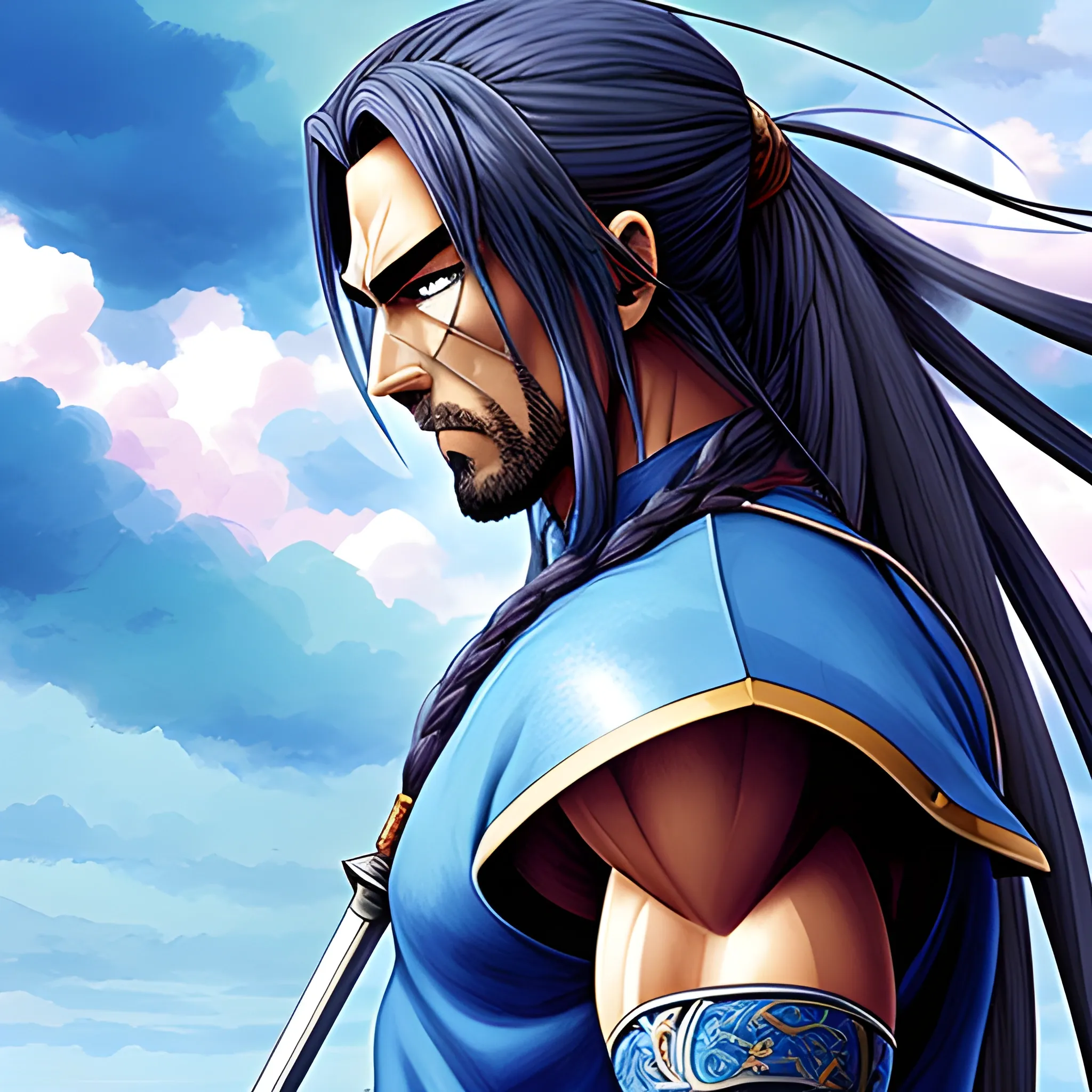 Man, blue clothes, warrior, anime, detail, long hair
